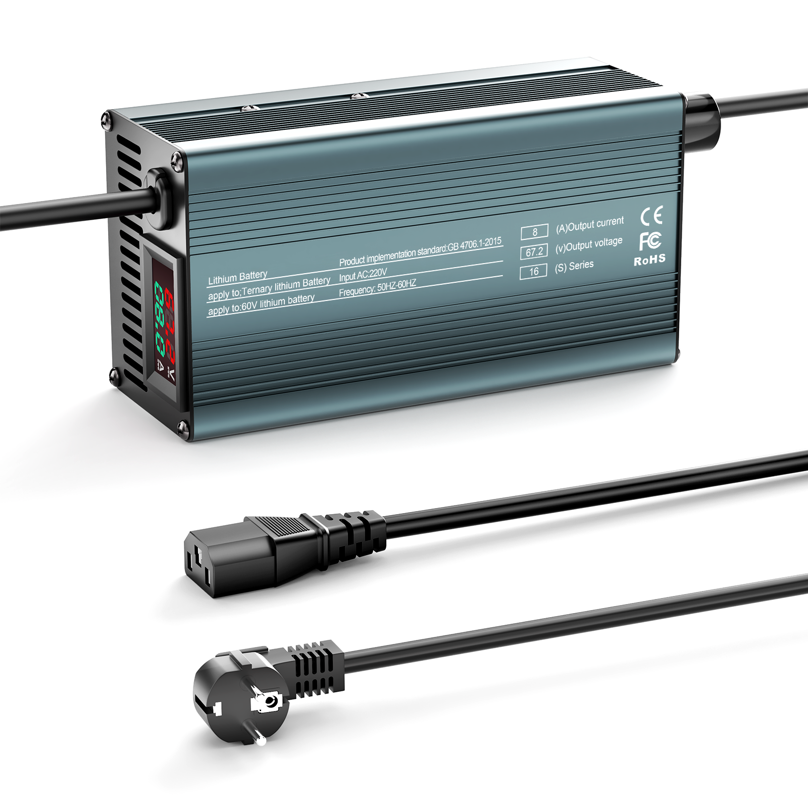 NOEIFEVO 67.2V 8A 16S  Lithium-Batterieladegerät für 16S  60V Li-Ionen-Batterien, Strom Einstellung 1-8A, langsames Laden und schnelles Laden (MLC1300)