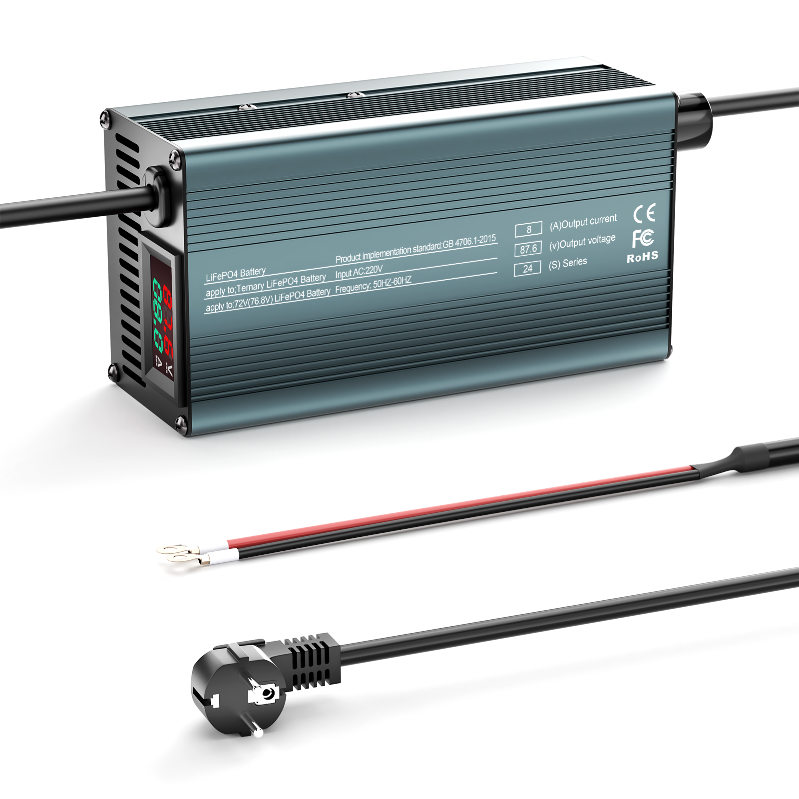 NOEIFEVO 87.6V 8A Lithium-LiFePO4-batterilader til 76.8V 24S LiFePO4-batteri, LCD-display, justerbar strøm, oplader til golfbiler, trollingmotorer, både og campingvogne