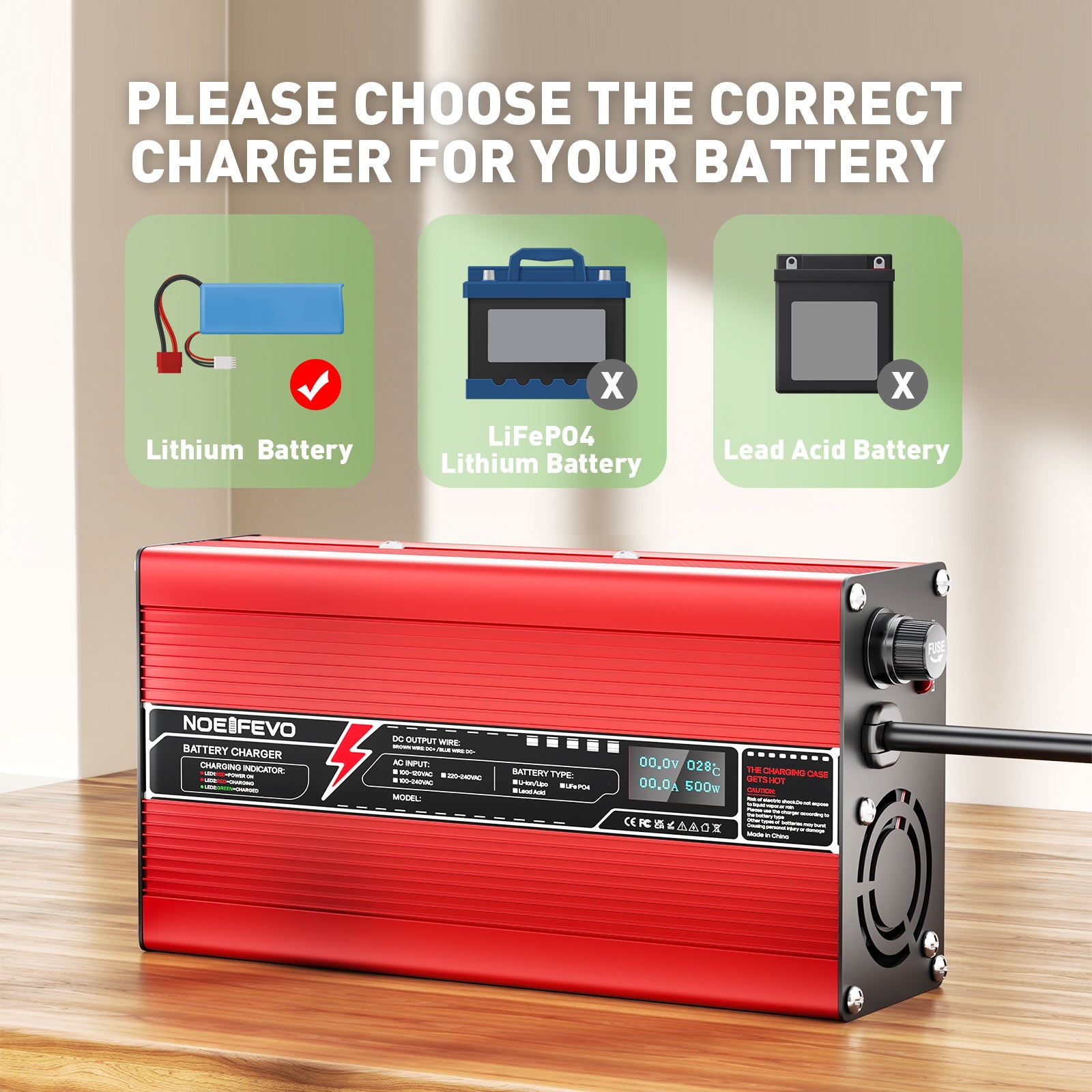 NOEIFEVO 12V 20A Blybatterioplader, opladningsspænding 13,8V-14,7V, automatisk afbrydelse, OLED-display, aluminiumhus, med blæser