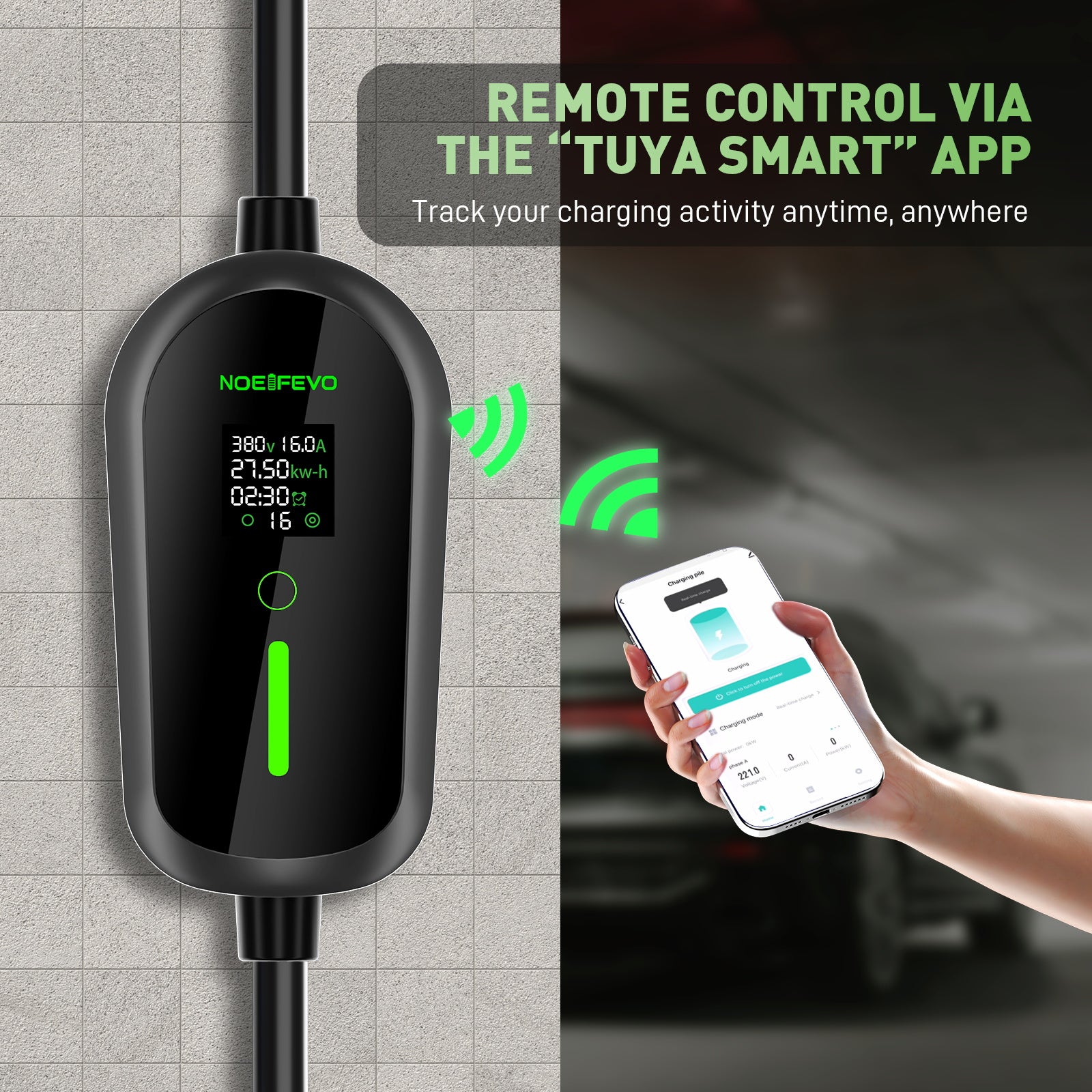 NOEIFEVO F097 11KW Wallbox Móvel EV com App, 3-fases 6-16A com Potência de Carga Ajustável, Controle Remoto via Wi-Fi, Cabo de Carregamento CEE 16A para Tipo 2 para Carregador EV