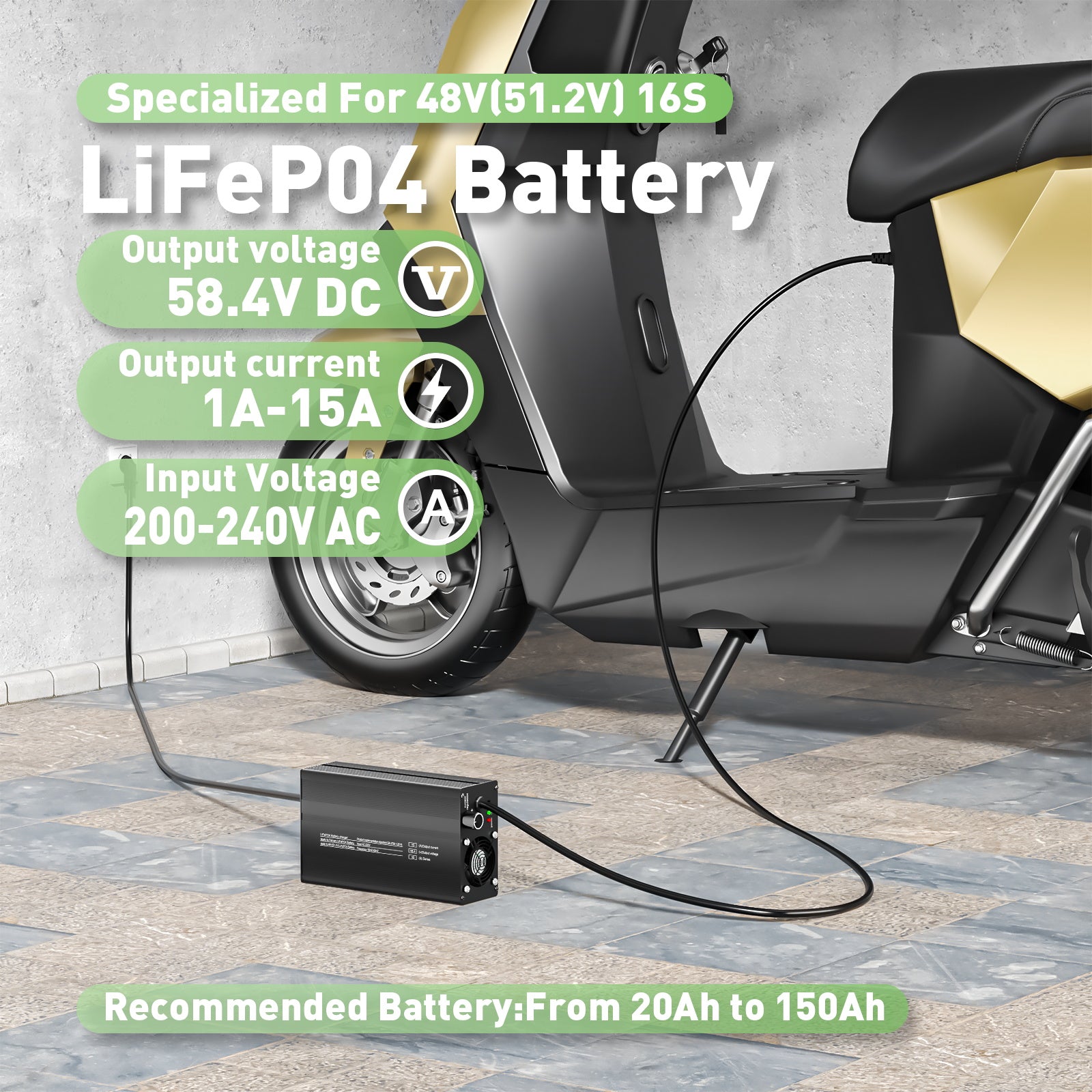 NOEIFEVO 51.2V 48V 16S Lithium LiFePO4 Batterieladegerät, Ausgangsspannung 58.4V, Stromeinstellung 1–15A, langsames Laden und schnelles Laden (MLC1300)