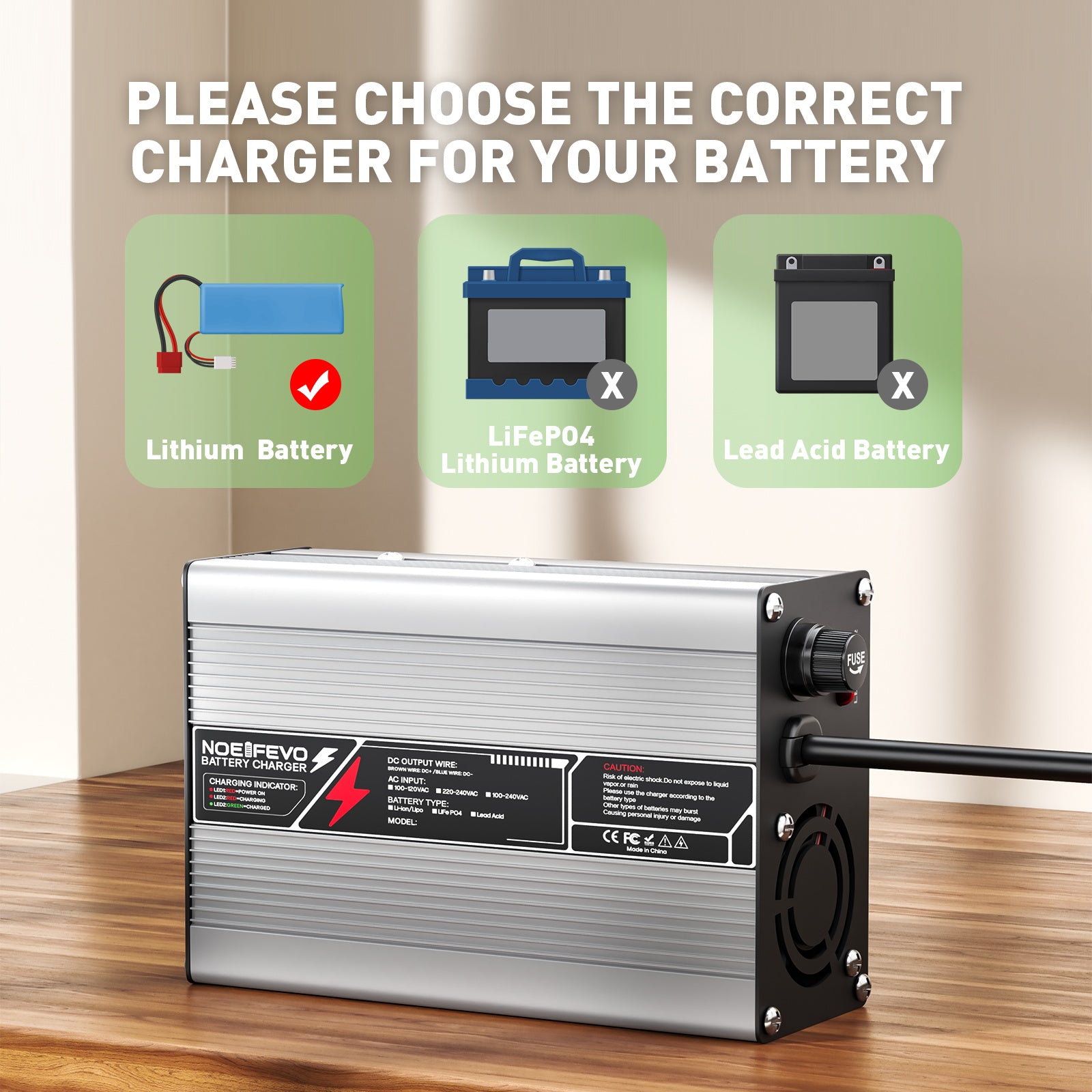 NOEIFEVO 50.4V 3A litiumladdare för 12S 44.4V Li-Ion Lipo-batterier, kylfläkt, automatisk avstängning