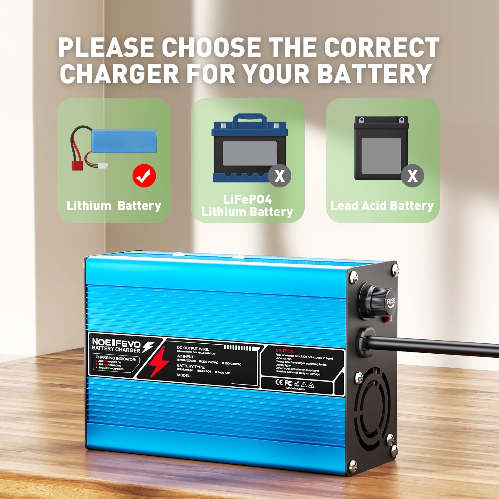 NOEIFEVO 36,5V 6A LiFePO4-batteriladdare för 32V 10S LiFePO4-batteri, automatisk avstängning, aluminiumhölje, med fläkt