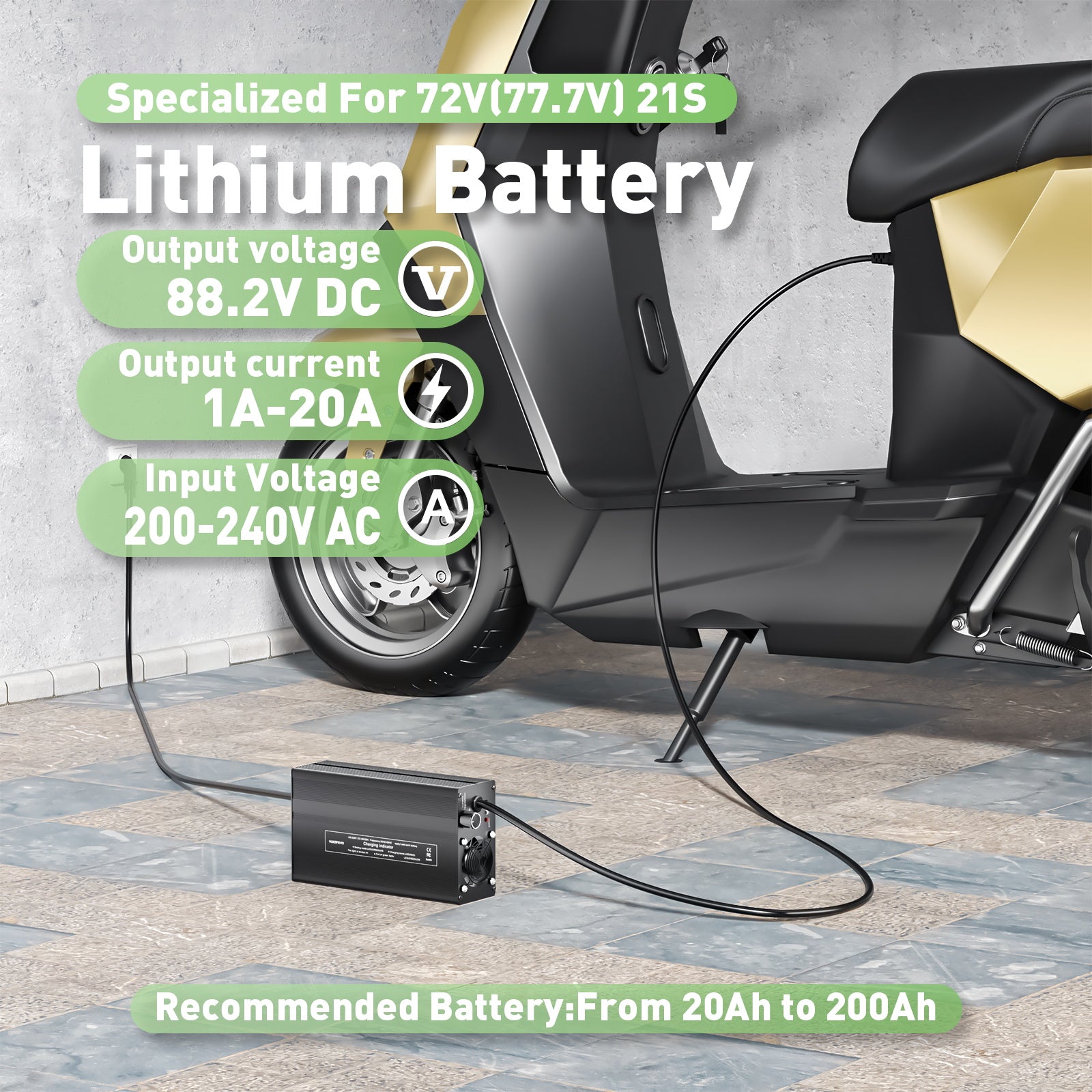 NOEIFEVO 88.2V 20A Litiumbatteriladdare för 77.7V 21S Litium-Li-Ion-Lipo-batteri, LCD-display, justerbar ström, laddare för elcykel, scooter, elektrisk motorcykel