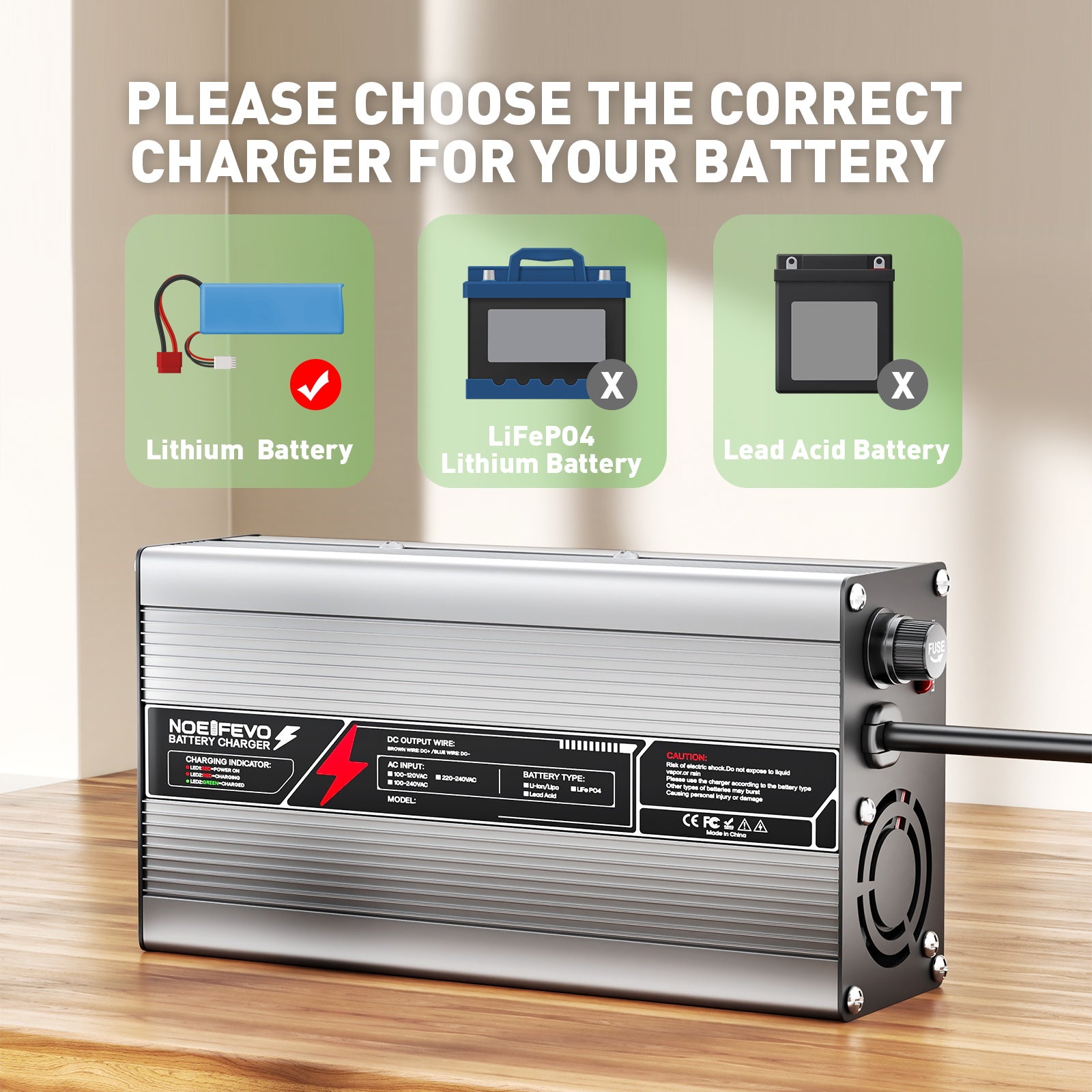 NOEIFEVO 14,6V 20A LiFePO4 Batterijlader voor 12V (12,8V) 4S-batterij, automatische uitschakeling, aluminium behuizing, met ventilator (Zilver)