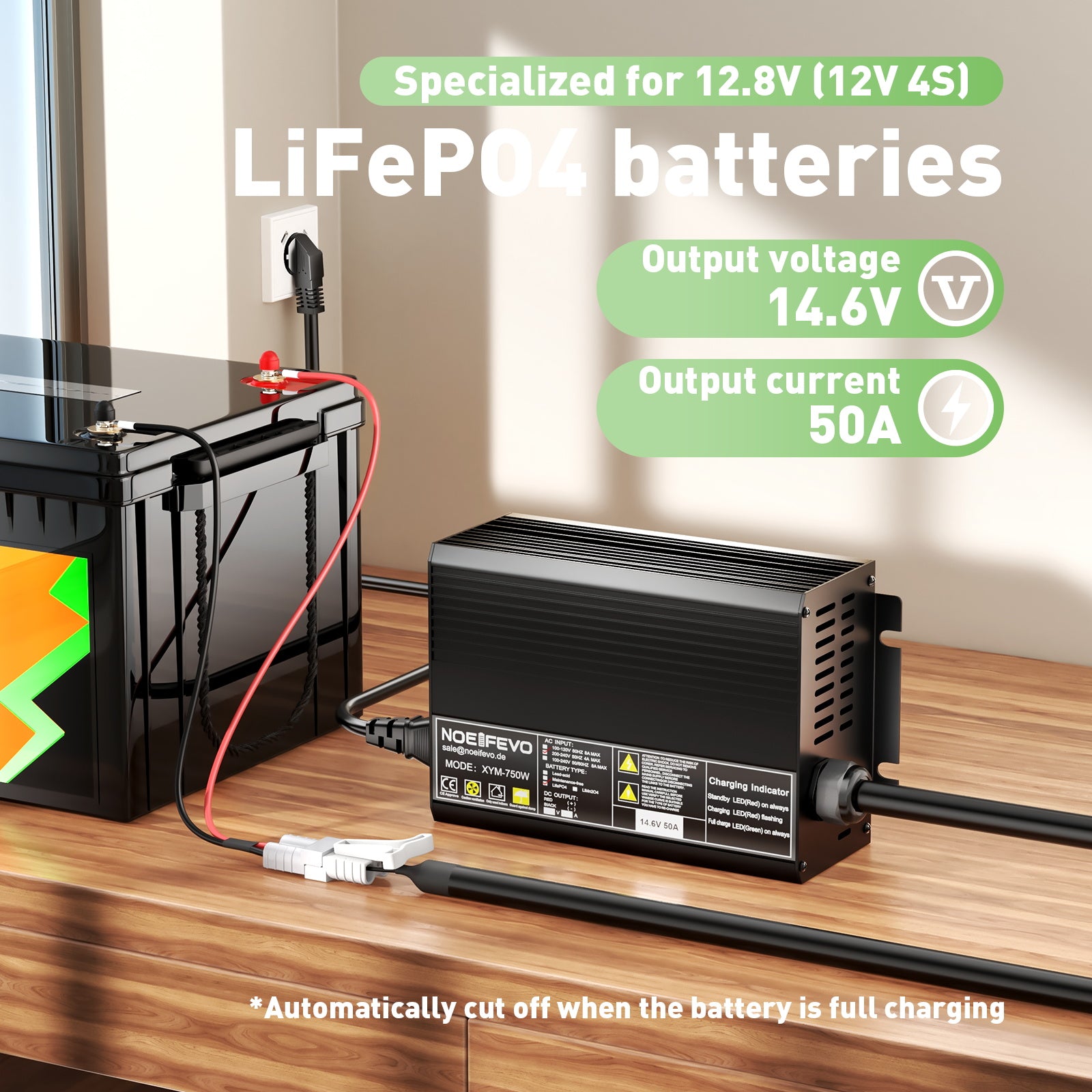 Noeifevo 14.6V 50A LiFePO4 Akku ladegerät für 12V(12.8V) LiFePO4 Batte –  Smart LifePO4 Batterie & Heimspeicherung von Energie & Intelligentes  Ladegerät