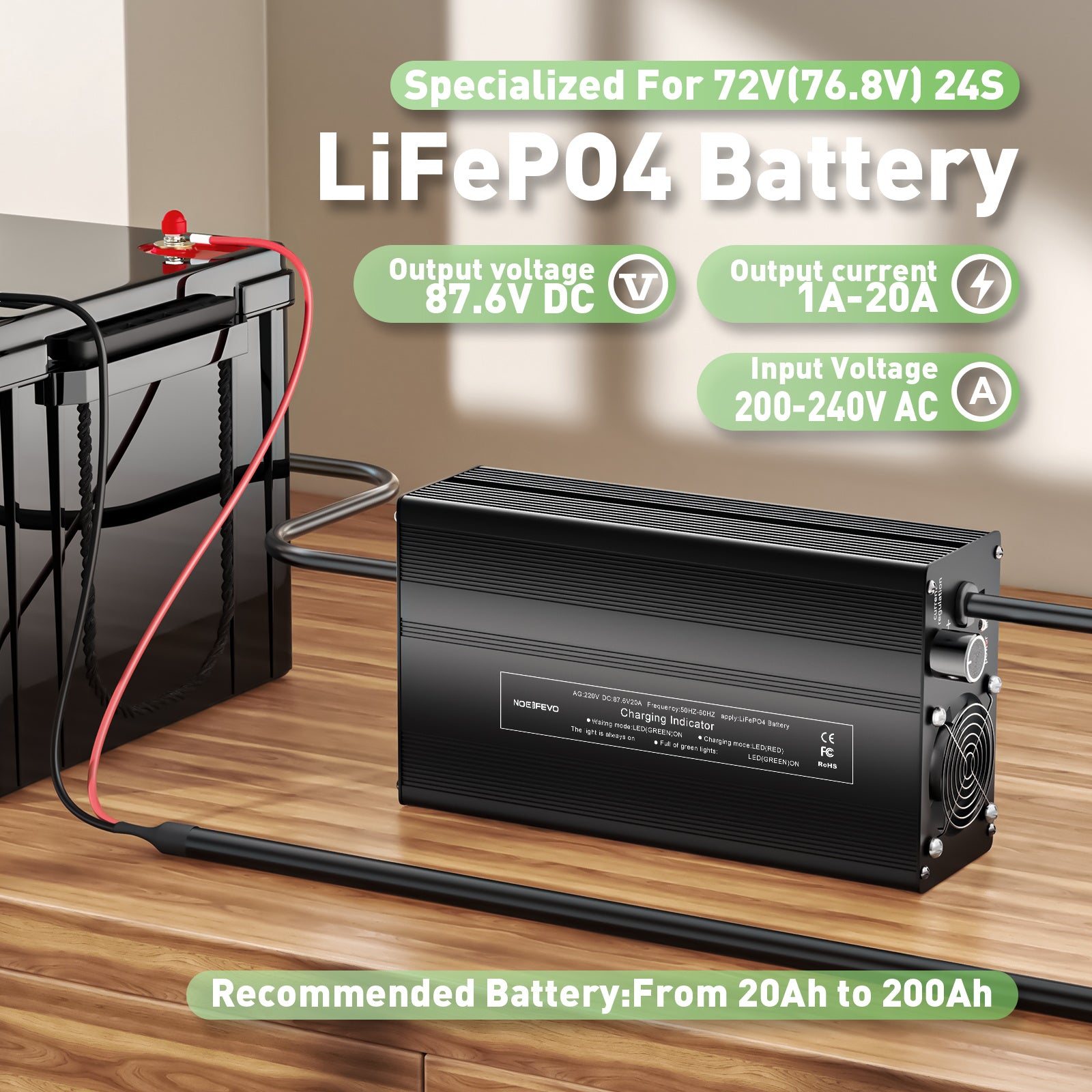 NOEIFEVO 87.6V 20A Lithium-LiFePO4-oplader til 76.8V 24S LiFePO4-batteri, LCD-skærm, justerbar strøm, oplader til trollingmotor, båd og campingvogne