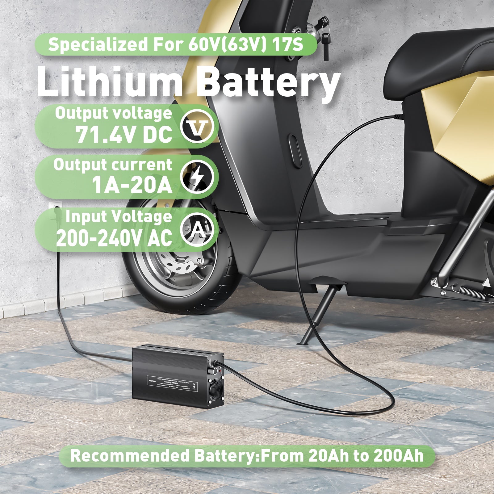 NOEIFEVO 71.4V 20A Lithium-batterilader til 60V 62.9V 17S Lithium-Li-Ion-Lipo-batteri, LCD-skærm, justerbar strøm, lader til E-cykel, scooter, elektrisk motorcykel