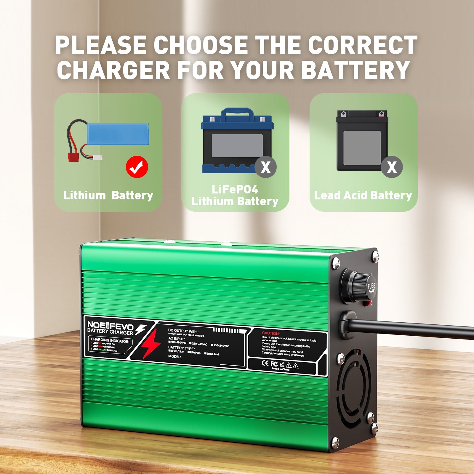 NOEIFEVO 50.4V 3A litiumladdare för 12S 44.4V Li-Ion Lipo-batterier, kylfläkt, automatisk avstängning (GRÖN)