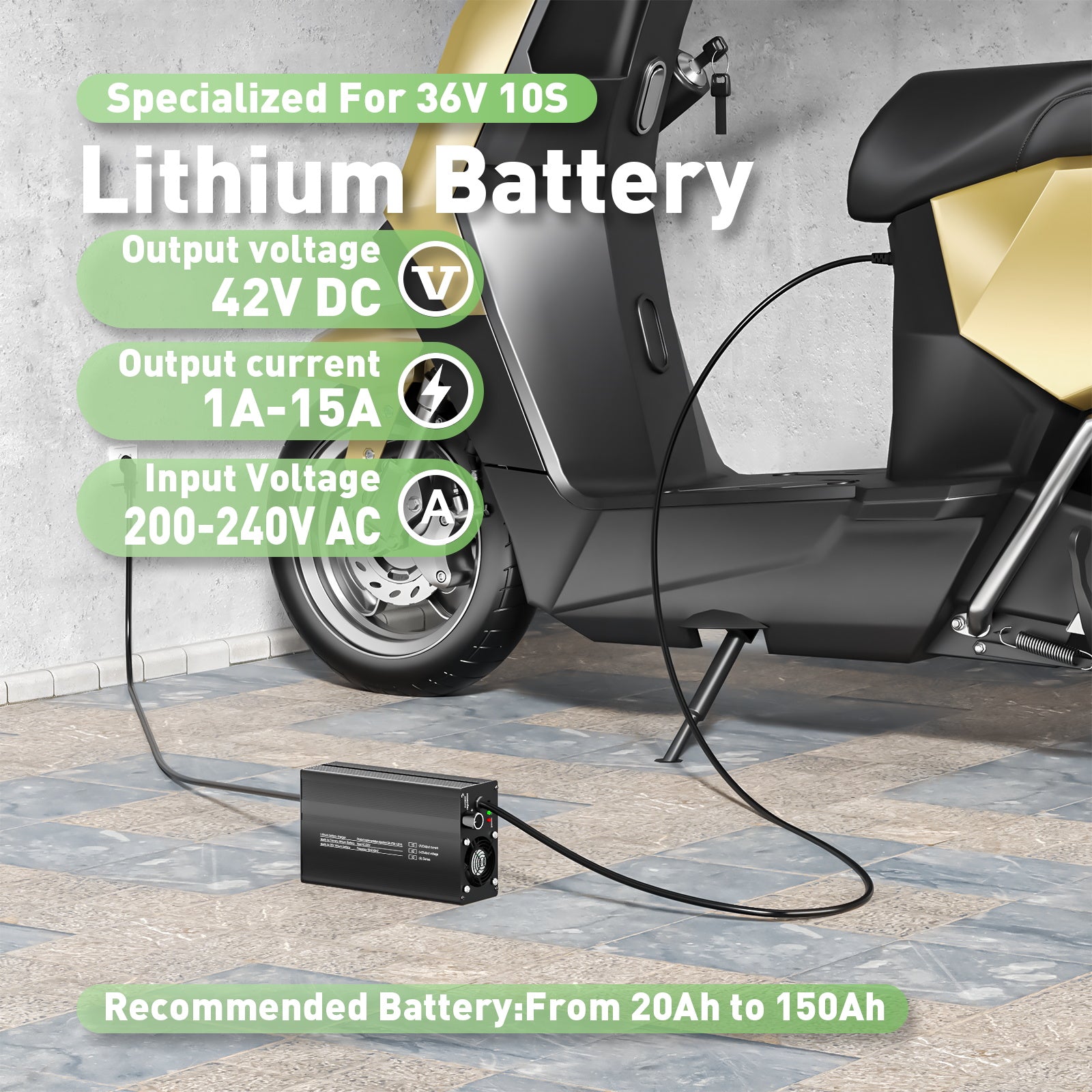 NOEIFEVO 36V 15A Lithium-Batterieladegerät, Ausgangsspannung 42V, Stromeinstellung 1–15A, langsames Laden und schnelles Laden (MLC1300)