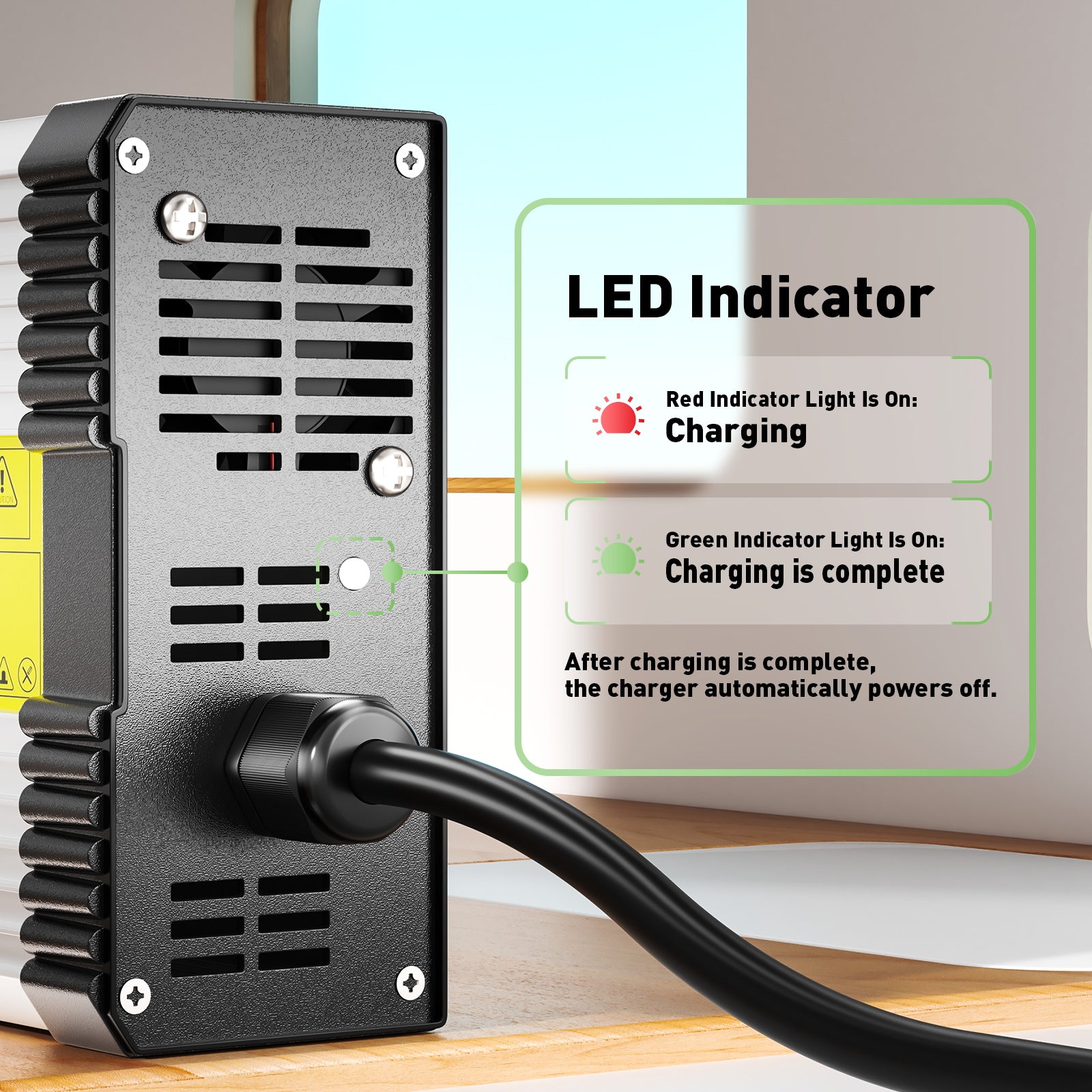 NOEIFEVO 50.4V 8A litiumbatteriladdare för 12S 44.4V litiumbatteri, med kylfläkt, automatisk avstängning.