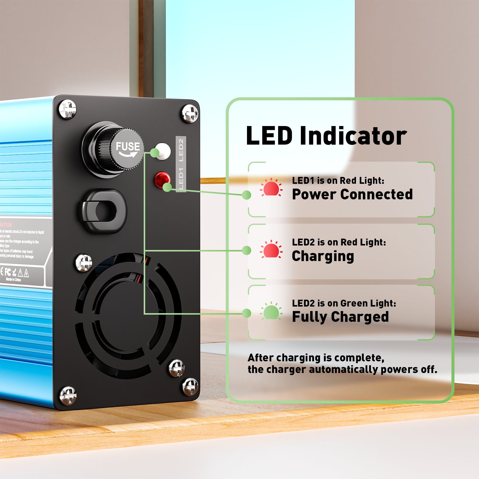 NOEIFEVO 72V 3,5A Bleiakku-Ladegerät, Ladespannung 82,8V-88,2V, Abschaltautomatik, Aluminiumgehäuse, mit Lüfter