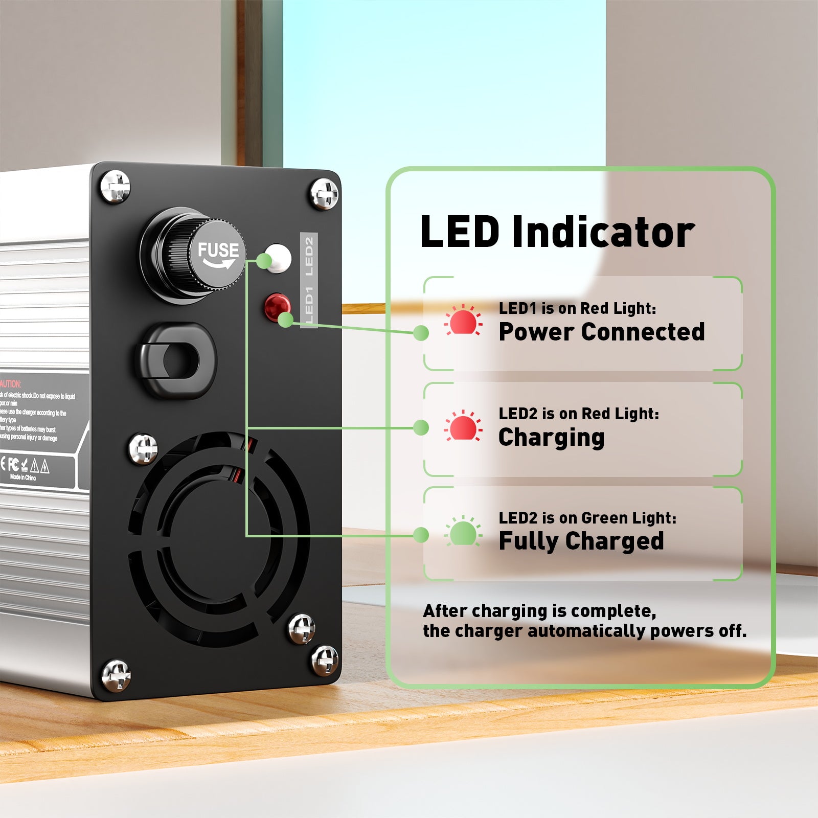 NOEIFEVO 50.4V 3A litiumladdare för 12S 44.4V Li-Ion Lipo-batterier, kylfläkt, automatisk avstängning