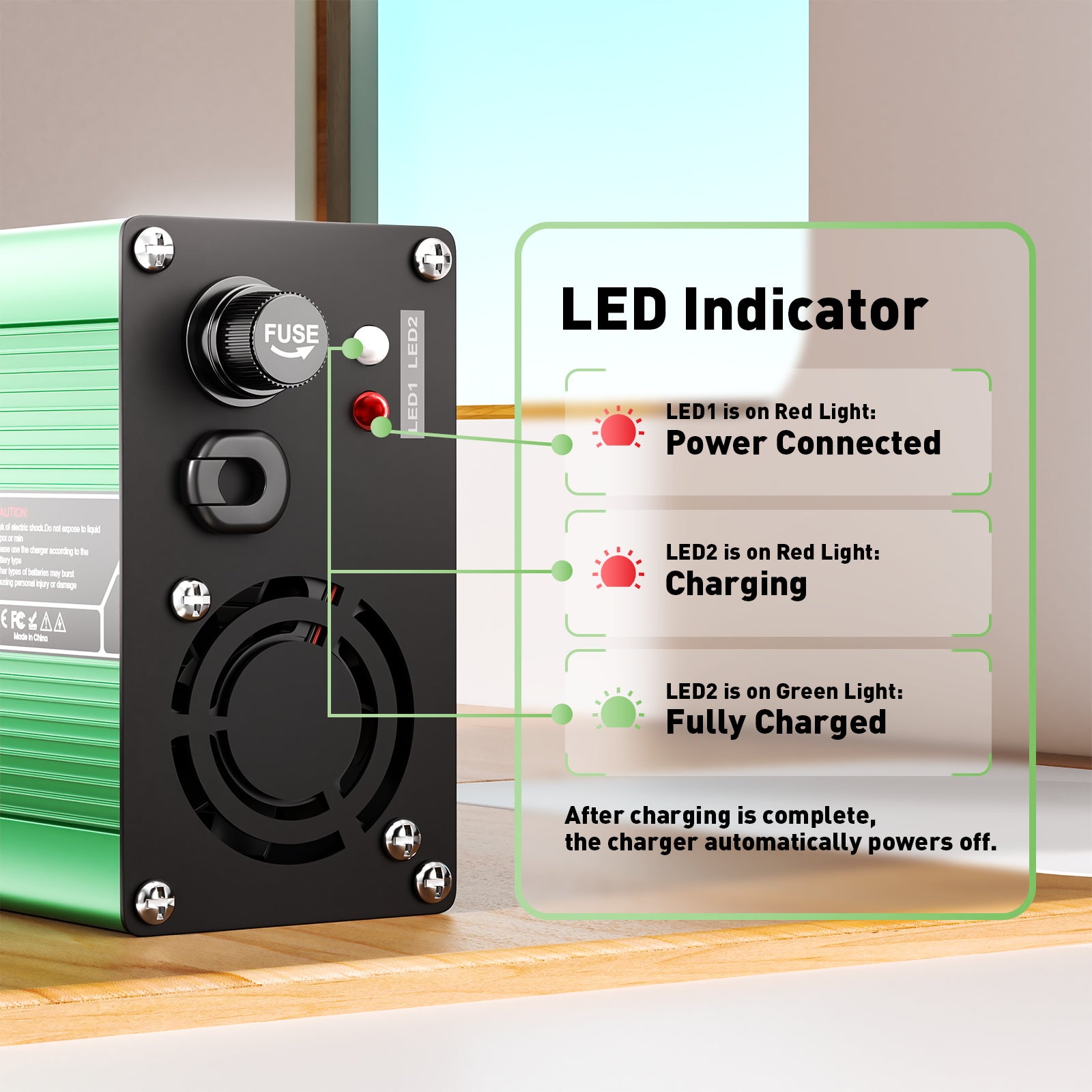 NOEIFEVO 36.5V 4A Ładowarka do akumulatorów LiFePO4 dla akumulatorów 10S 32V LiFePO4, automatyczne wyłączanie (ZIELONY)