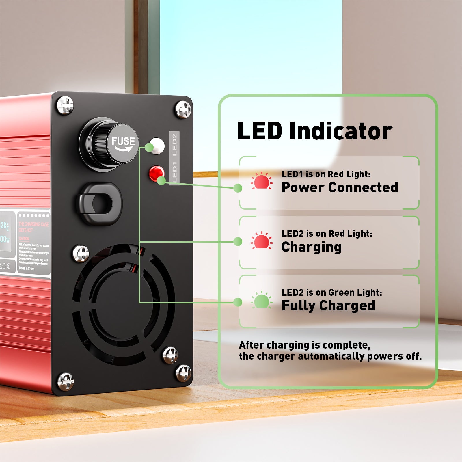 NOEIFEVO 27.6V-29.4V 5A Blei-Säure-Batterieladegerät für 24V Blei-Säure Batterie,  Kühlventilator, automatischer Abschaltung (RED)