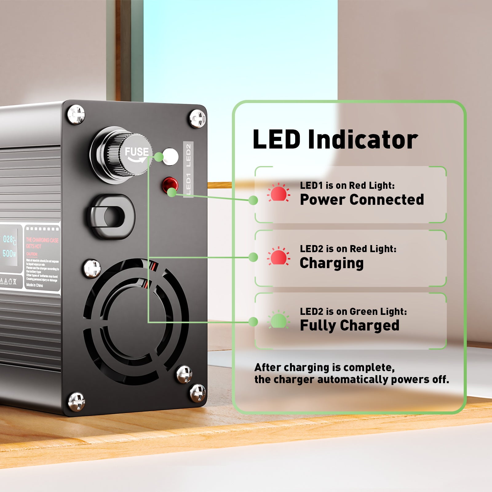 NOEIFEVO 29.4V 15A Litiumladdare för 7S 25.9V Batteri, LED-display, Aluminiumhus, Fläkt