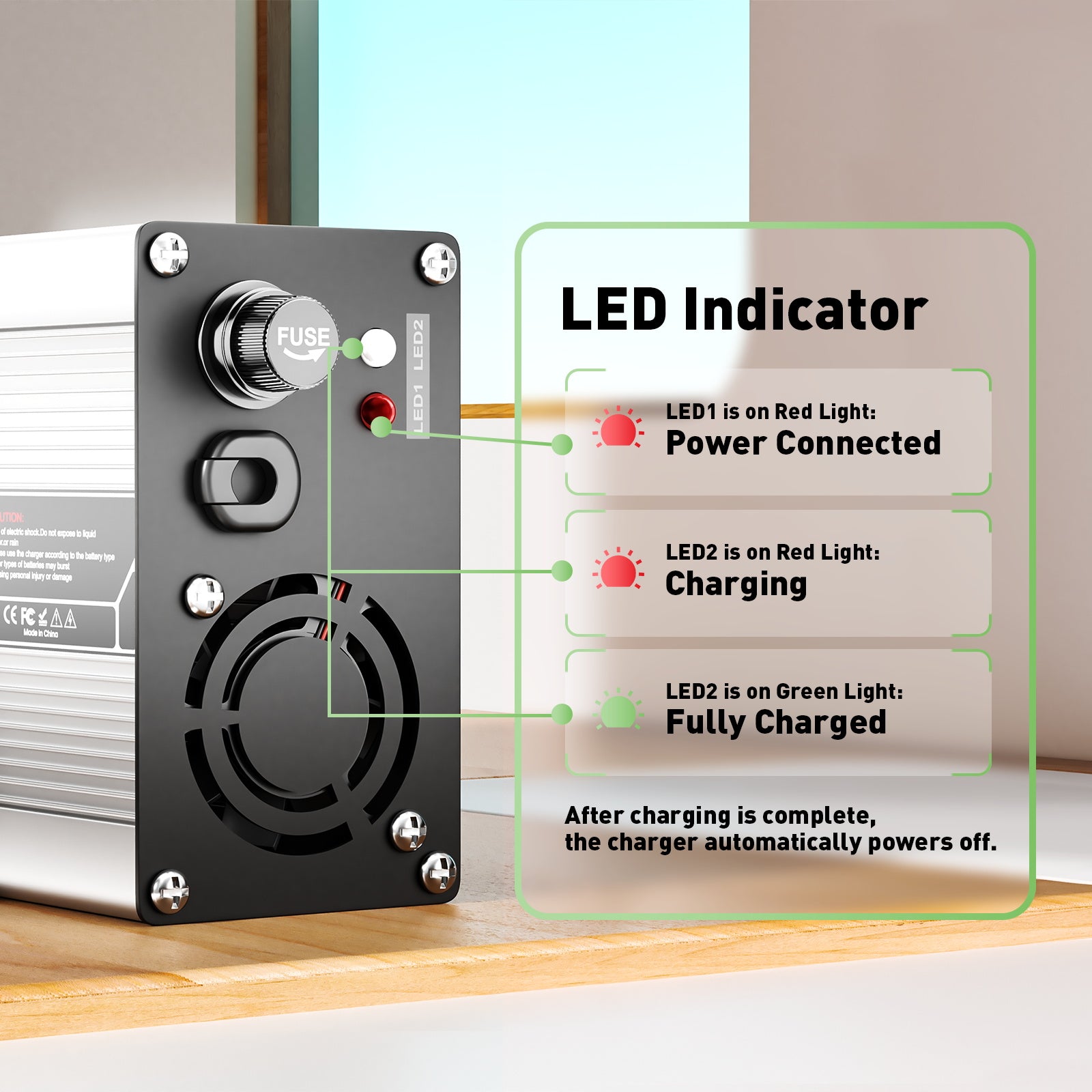 NOEIFEVO 29.2V 15A LiFePO4 מטען סוללות עבור 24V (25.6V) 4S סוללה, כיבוי אוטומטי, בית אלומיניום, עם מאוורר (כסף)