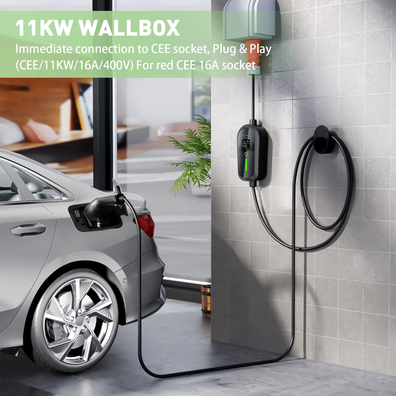 【Vorverkauf】NOEIFEVO F097 11KW EV Mobile Wallbox mit APP, 3-phasig 6-16A mit Einstellbarer Ladeleistung, Wlan-Fernbedienung Ladekabel CEE 16A auf Typ 2  EV Ladegerät