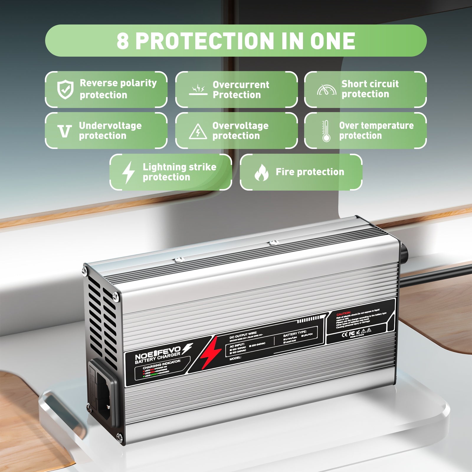 NOEIFEVO 54,6V 8 A Lithium-Batterieladegerät für 48,1 V 13S-Batterie, automatische Abschaltung, Aluminiumgehäuse, mit Lüfter (Silber)