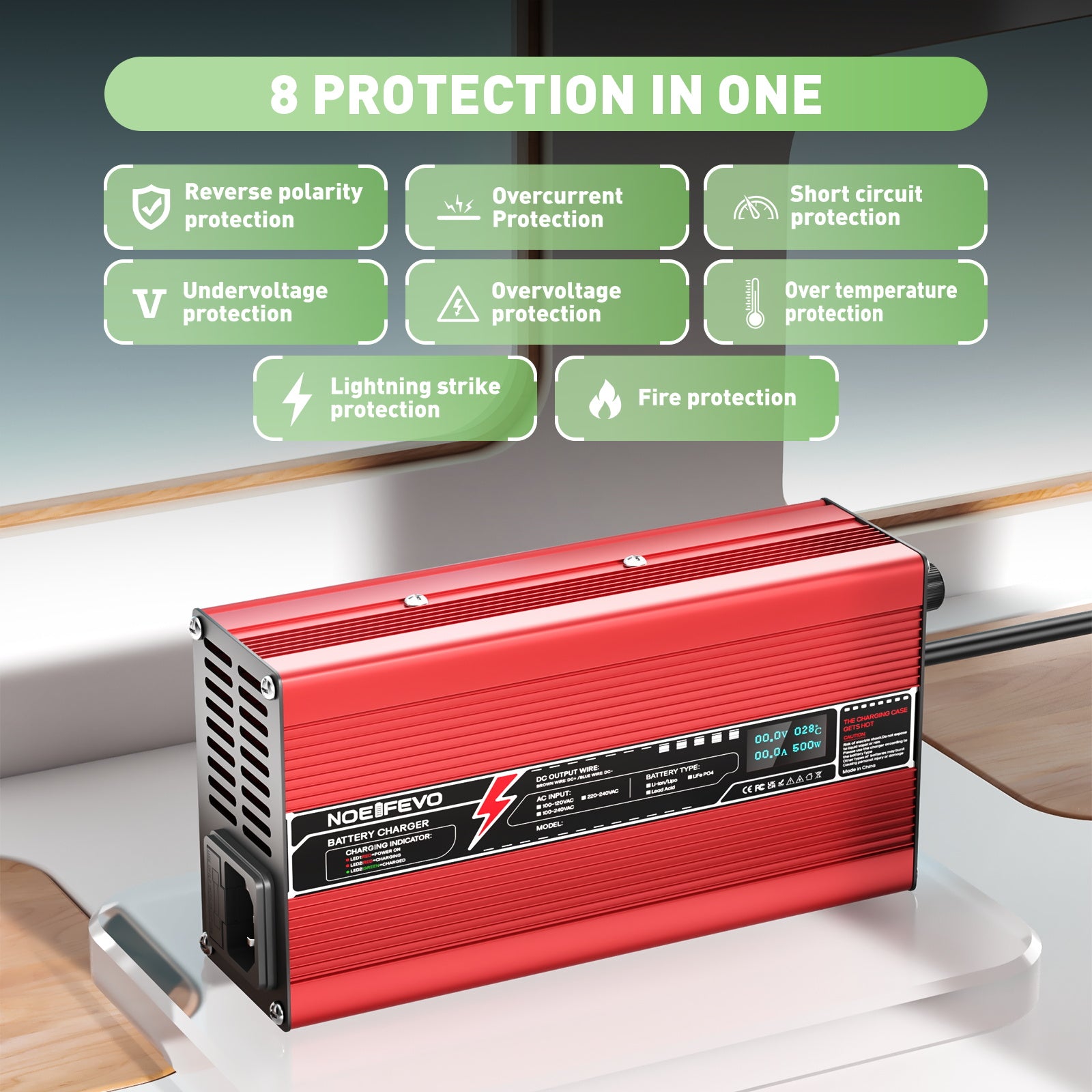 NOEIFEVO 87.6V 5A LiFePO4 batterioplader til 76.8V 24S LiFePO4 batterier, automatisk sluk, OLED-skærm, aluminiumskasse, med blæser