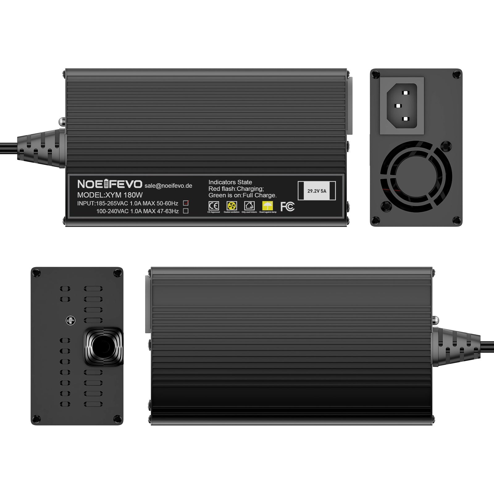 Noeifevo 29.2V 5A LiFePO4 carregador de bateria para bateria 24V 25.6V LiFePO4, XLR/IEC/XT60/Anderson 50A/M8