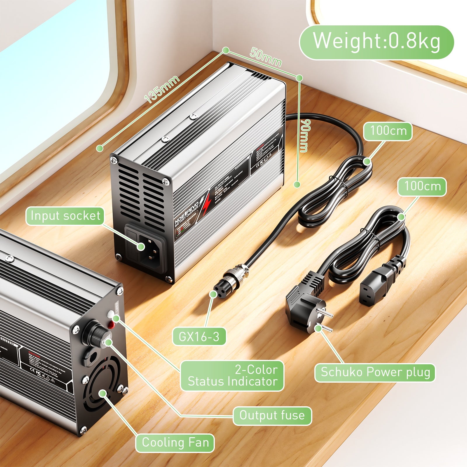 NOEIFEVO 54.6V 2A 2.5A 3A Lithium-oplader voor 13S 48.1V Li-Ion Lipo-batterijen, Koelventilator, Automatische uitschakeling