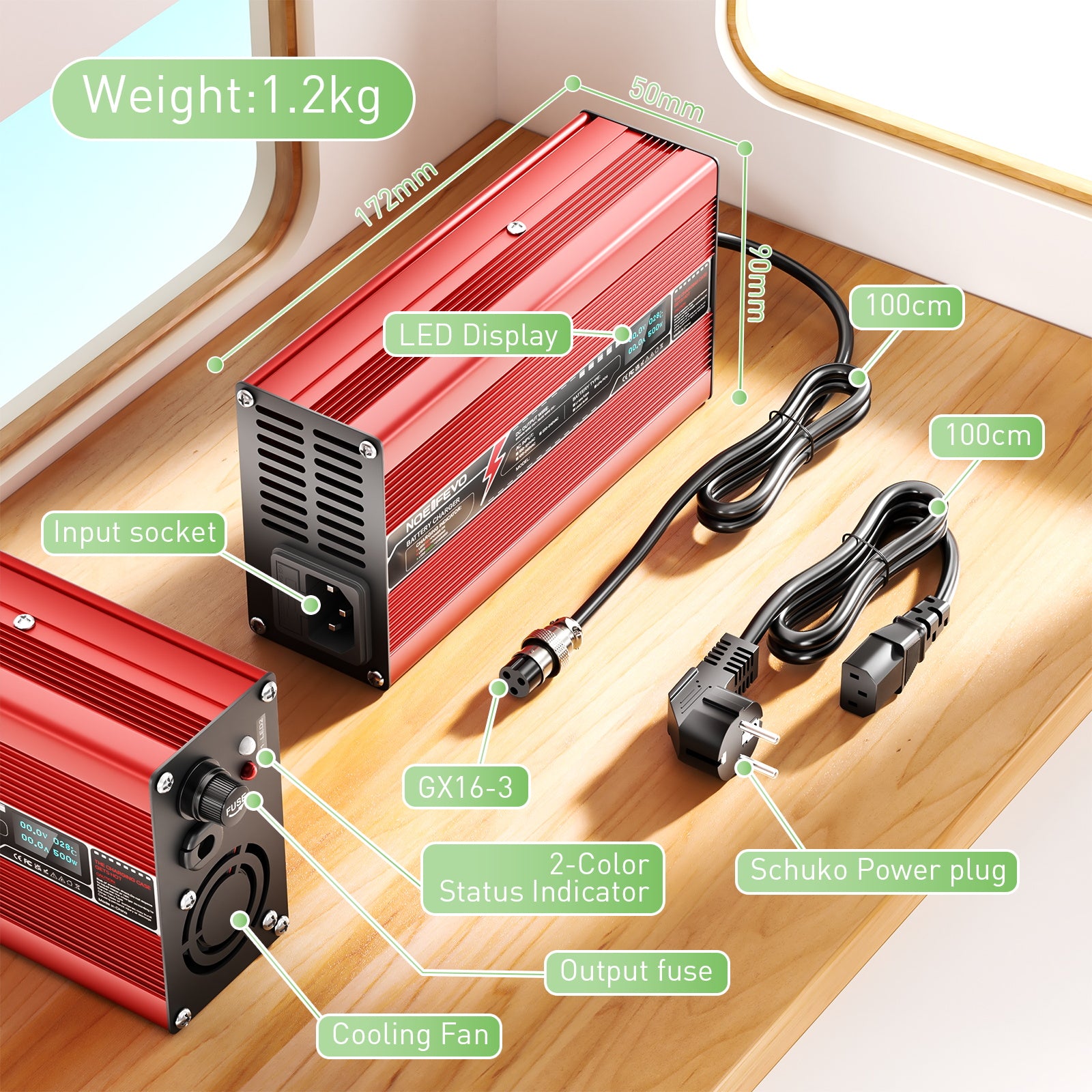 NOEIFEVO 54.75V 8A LiFePO4 Ładowarka do akumulatorów dla akumulatorów LiFePO4 48V 15S, automatyczne wyłączanie, wyświetlacz OLED, obudowa aluminiowa, z wentylatorem