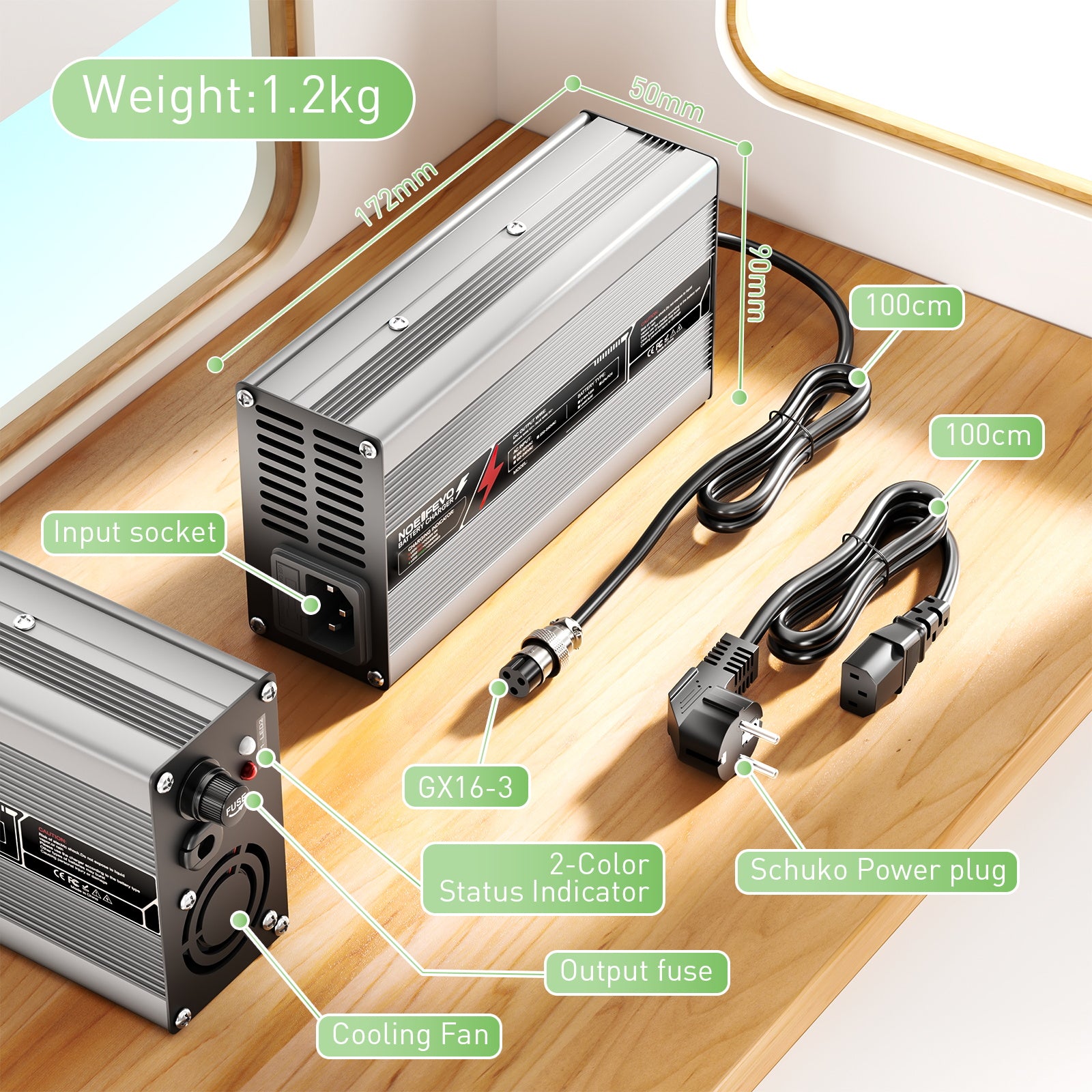 NOEIFEVO 25,2V 15 A Lithium-Akkuladegerät für 22,2 V 6S Akku, automatische Abschaltung, Aluminiumgehäuse, mit Lüfter (Silber)