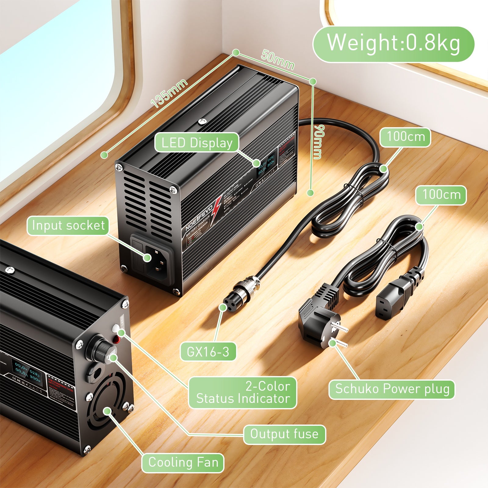 NOEIFEVO 54.6V 3A Carregador de Lítio para Baterias Li-Ion Lipo 13S 48.1V, Ventilador de Resfriamento, Desligamento Automático (PRETO)