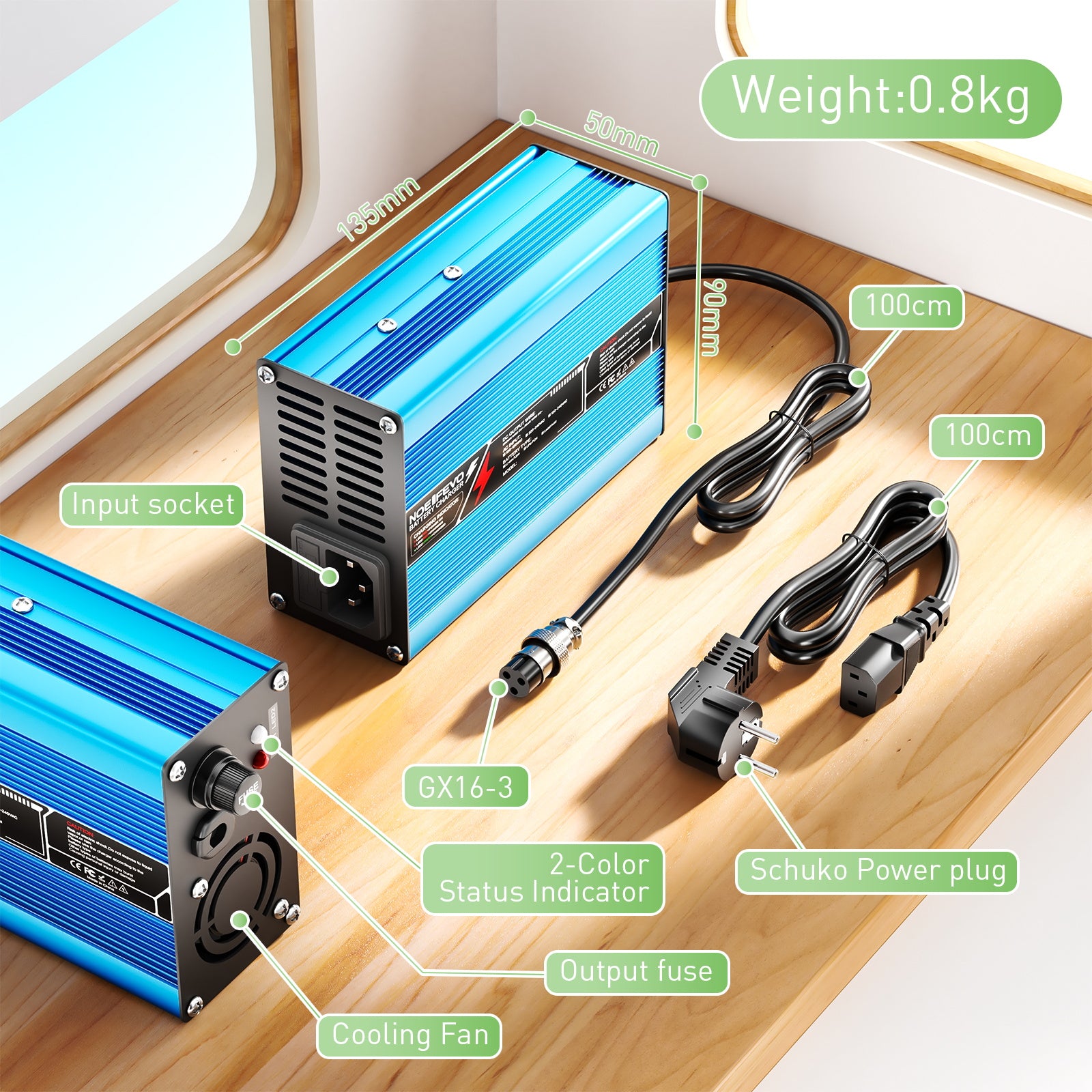 NOEIFEVO 29.2V 5A LiFePO4 Batterie-Ladegerät für 8S 24V 25.6V LiFePO4 Batterie,Kühlventilator, automatischer Abschaltung（BLUE）