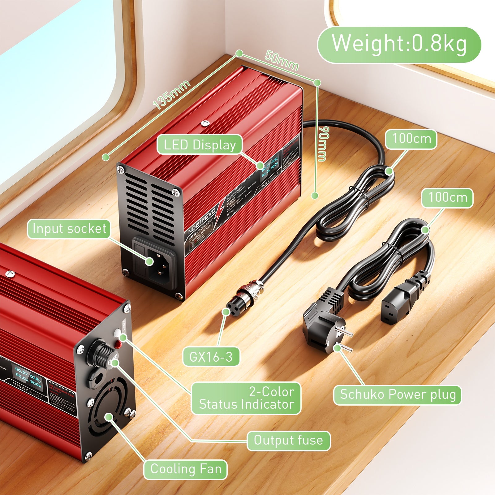 NOEIFEVO 27.6V-29.4V 5A Blei-Säure-Batterieladegerät für 24V Blei-Säure Batterie,  Kühlventilator, automatischer Abschaltung (RED)