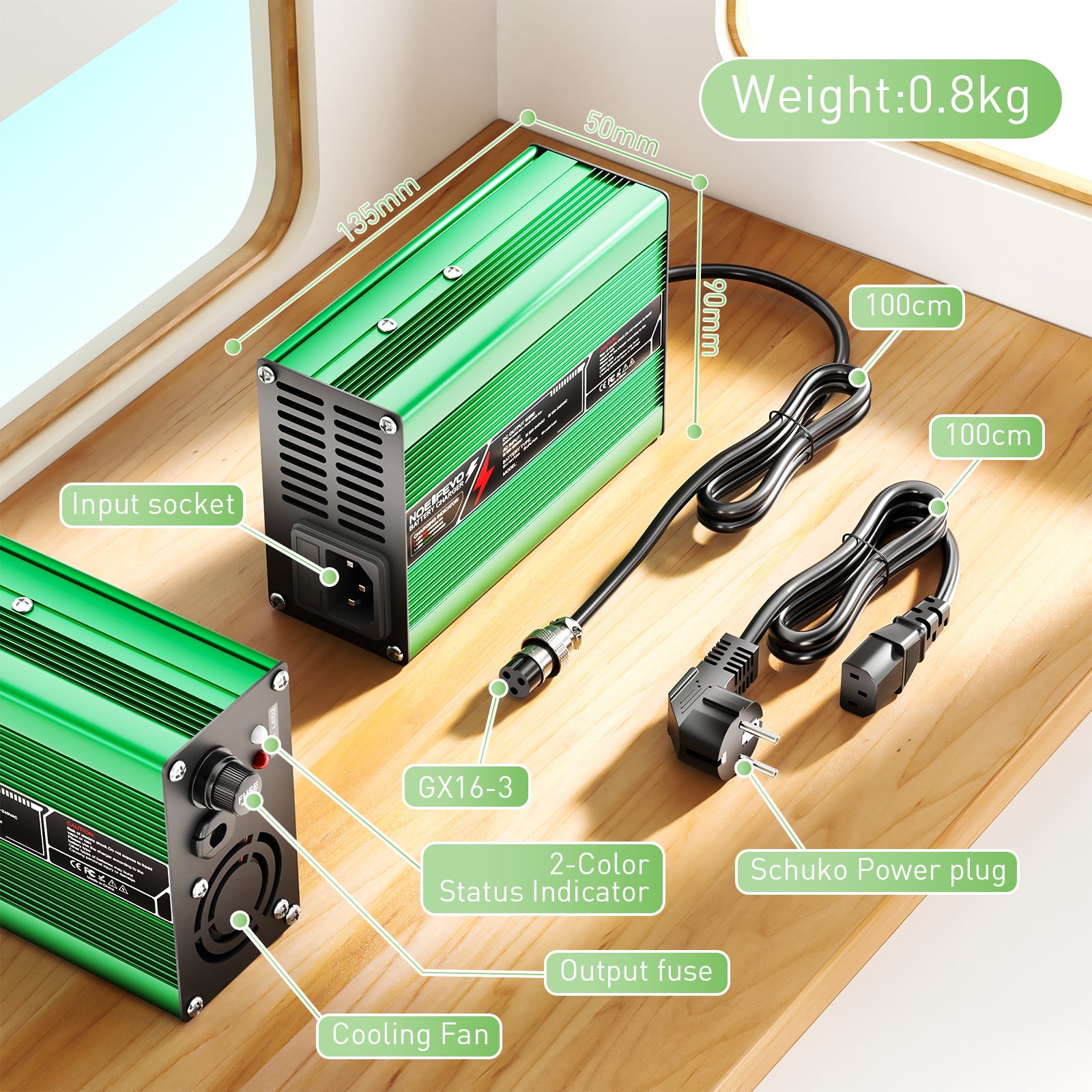 NOEIFEVO 50.4V 3A litiumladdare för 12S 44.4V Li-Ion Lipo-batterier, kylfläkt, automatisk avstängning (GRÖN)