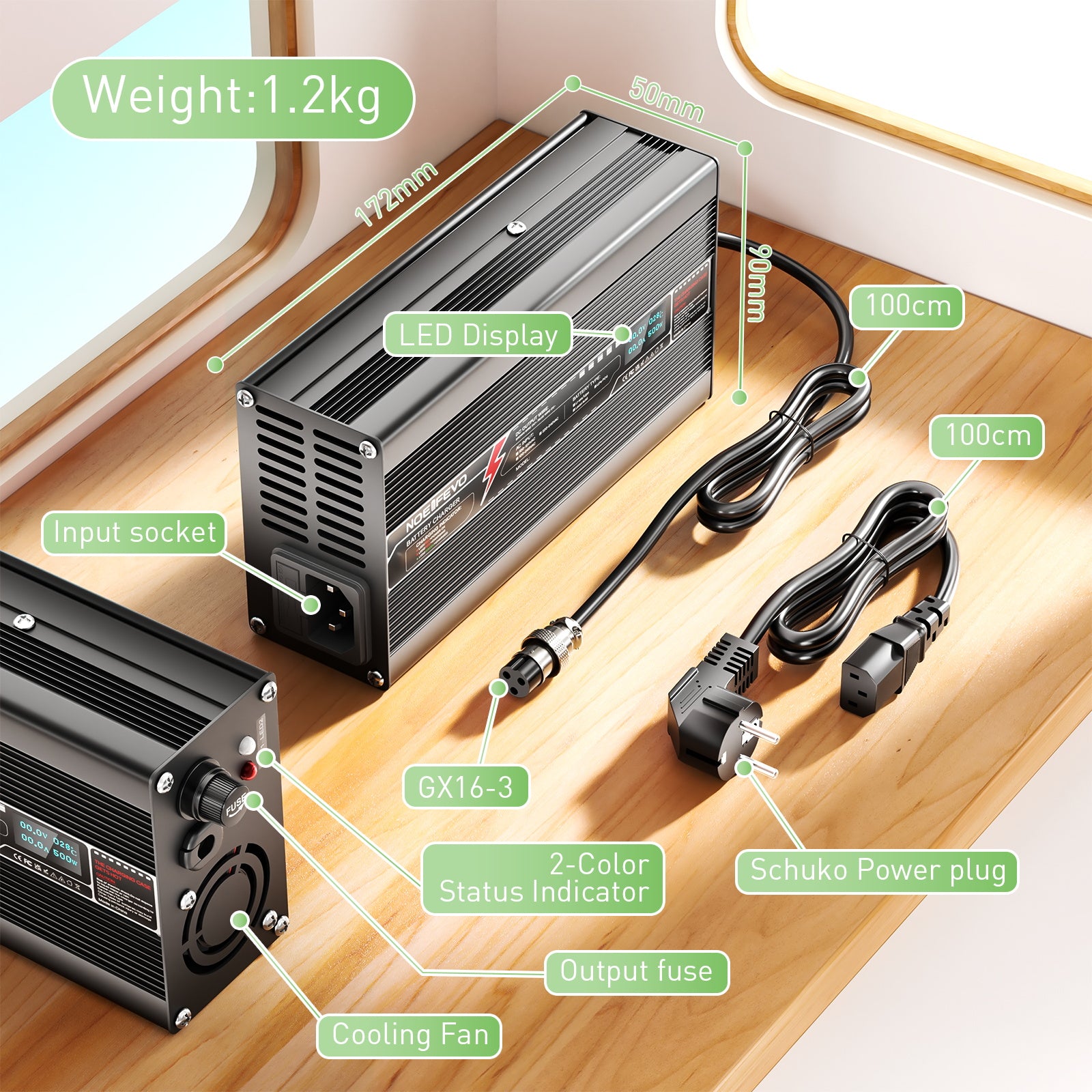 NOEIFEVO 29.4V 15A lithium-lader til 7S 25.9V batteri, LED-display, aluminiumshus, blæser