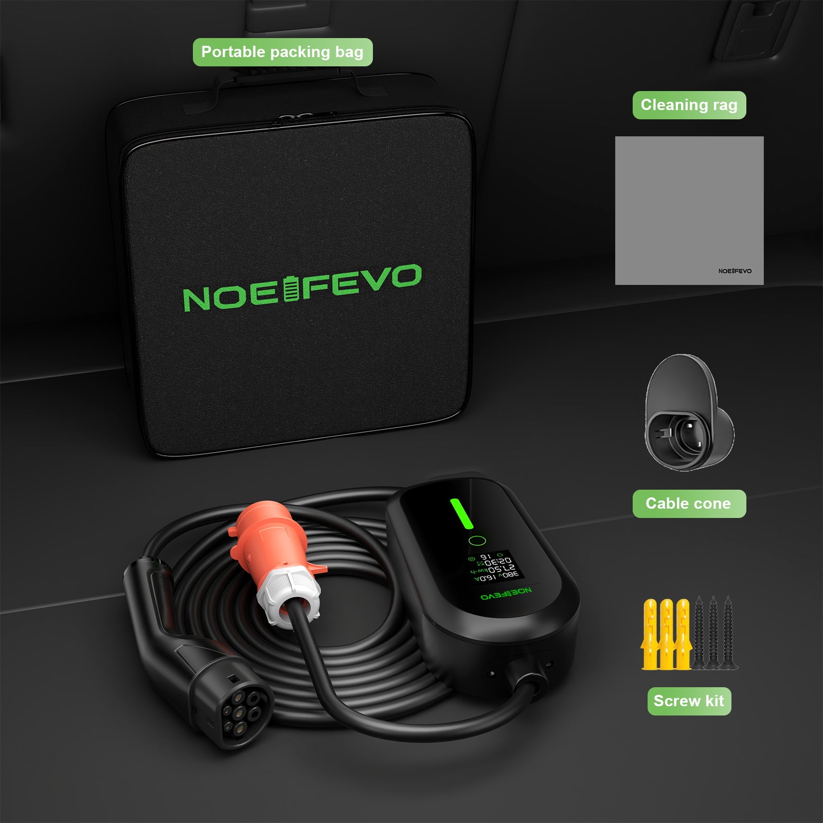 NOEIFEVO F097 11KW Mobilná EV Wallbox s aplikáciou, 3-fázová 6-16A s nastaviteľným nabíjacím výkonom, Wi-Fi diaľkové ovládanie, CEE 16A na Type 2 EV nabíjací kábel