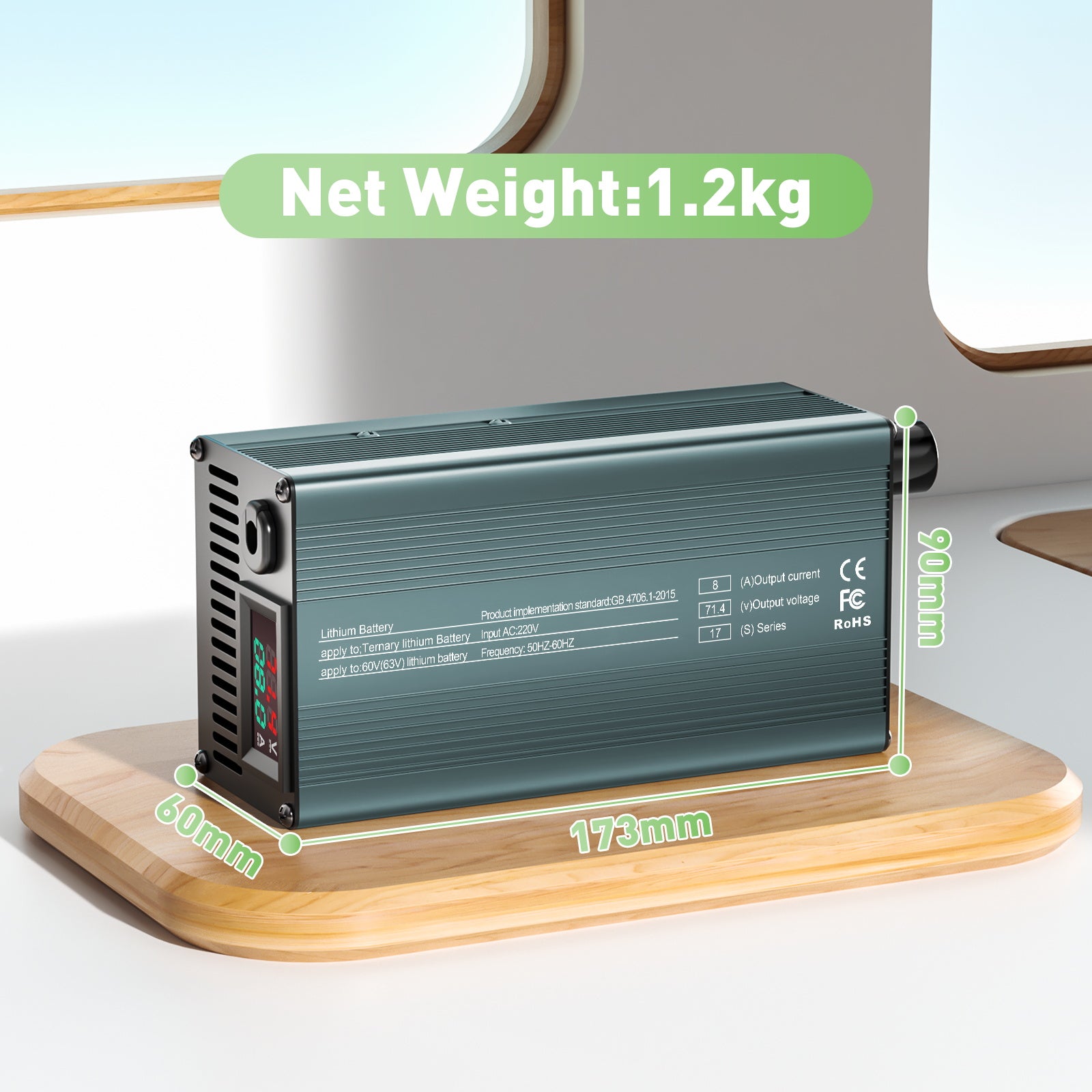 NOEIFEVO 71,4V 8A Lithiumbatterijlader voor 17S 62,9V Li-Ion-batterijen, Stroominstelling 1-8A, langzaam opladen en snel opladen (MLC1300)