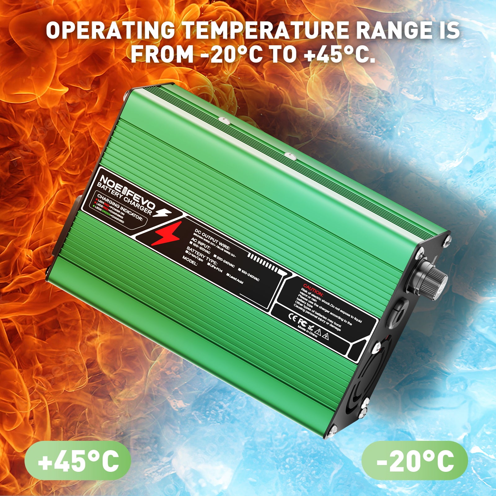 NOEIFEVO 58.4V 3A LiFePO4 batteriladdare för 16S 48V 51.2V LiFePO4-batteri, kylfläkt, automatisk avstängning (GRÖN)