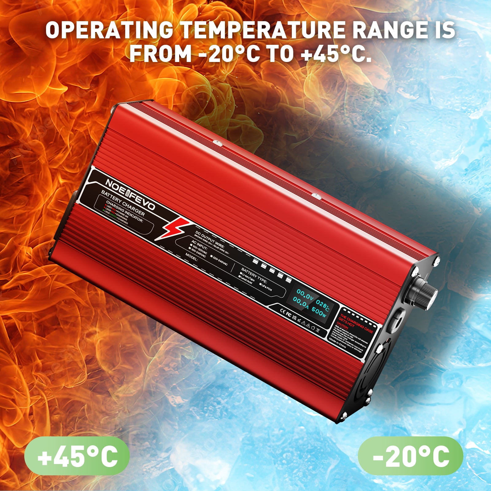 NOEIFEVO 48V 8A blybatterioplader, opladningsspænding 55,2V-58,8V, automatisk afbrydelse, OLED-display, aluminiumsgehus, med blæser