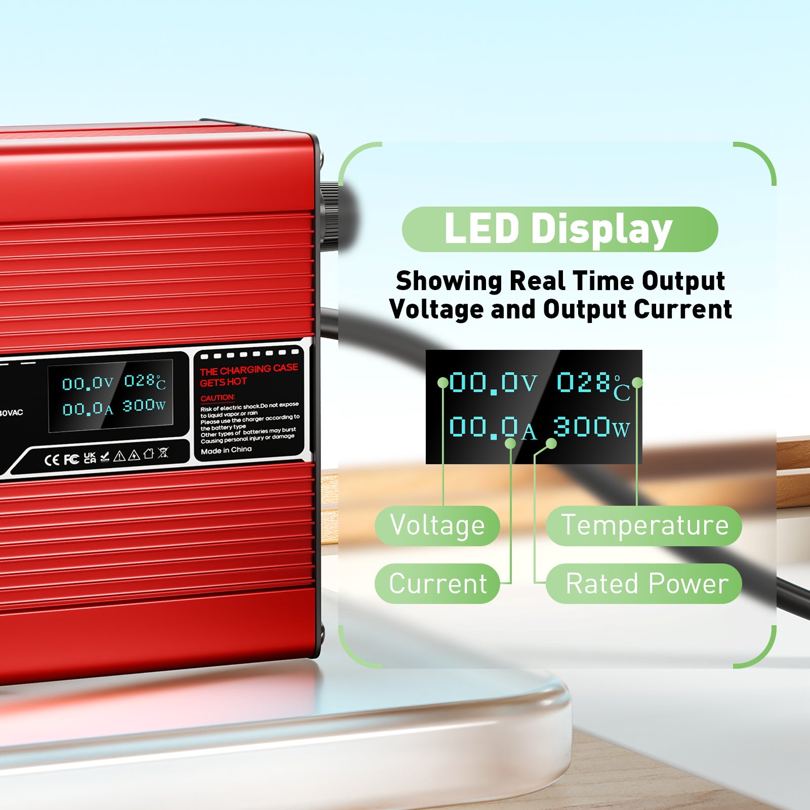 NOEIFEVO 51,2 V 5 A Lithium LiFePO4 Batterieladegerät, Ladespannung 58,4 V, mit Lüfter, Aluminiumgehäuse, LCD-Bildschirm