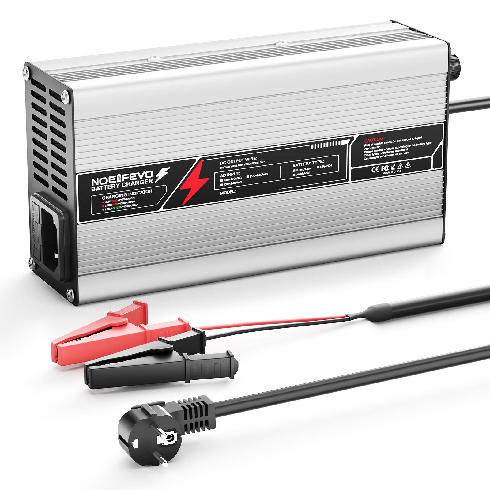 NOEIFEVO 14,6V 20A Caricabatterie LiFePO4 per batteria 12V (12,8V) 4S, spegnimento automatico, case in alluminio, con ventilatore (Argento).