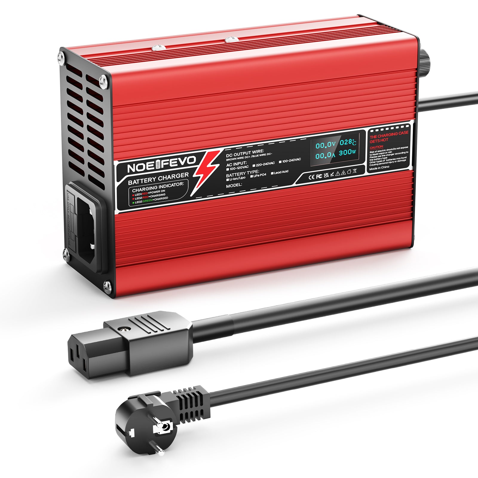 NOEIFEVO 41.4V-44.1V 2A 3A 3.5A 4A  Blei-Säure-Batterieladegerät für 36V Blei-Säure Batterie, Mit LCD-Anzeige, Kühlventilator, automatischer Abschaltung(RED)