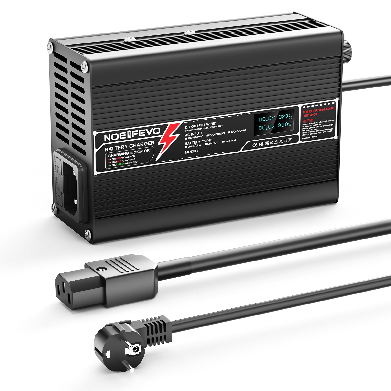 NOEIFEVO 37.8V 2A 3A 3.5A 4A carregador de lítio para baterias Li-Ion Lipo 9S 33.3V, ventilador de resfriamento, desligamento automático (PRETO).