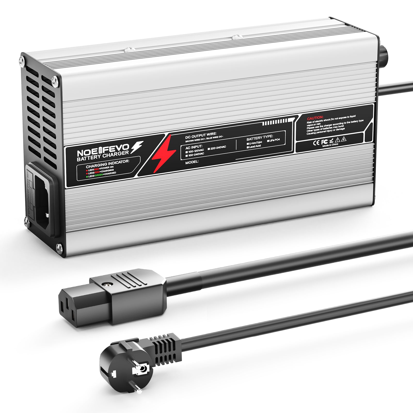 NOEIFEVO 63V 6A Lithium-Batterieladegerät für 55,5V 15S Batterie, automatische Abschaltung, Aluminiumgehäuse, mit Lüfter (Silber)