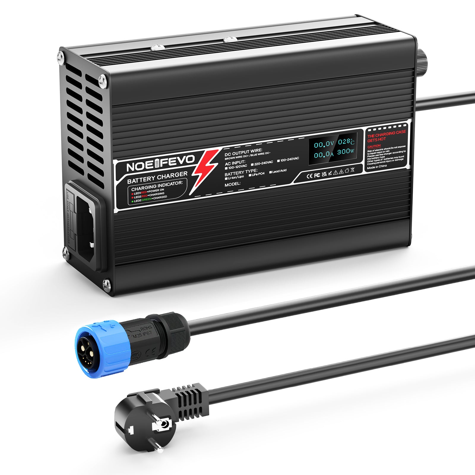 NOEIFEVO 37.8V 4A Lithium-Ladegerät für 9S 33.3V Li-Ion Lipo-Batterien, Kühlventilator, automatischer Abschaltung（BLACK）