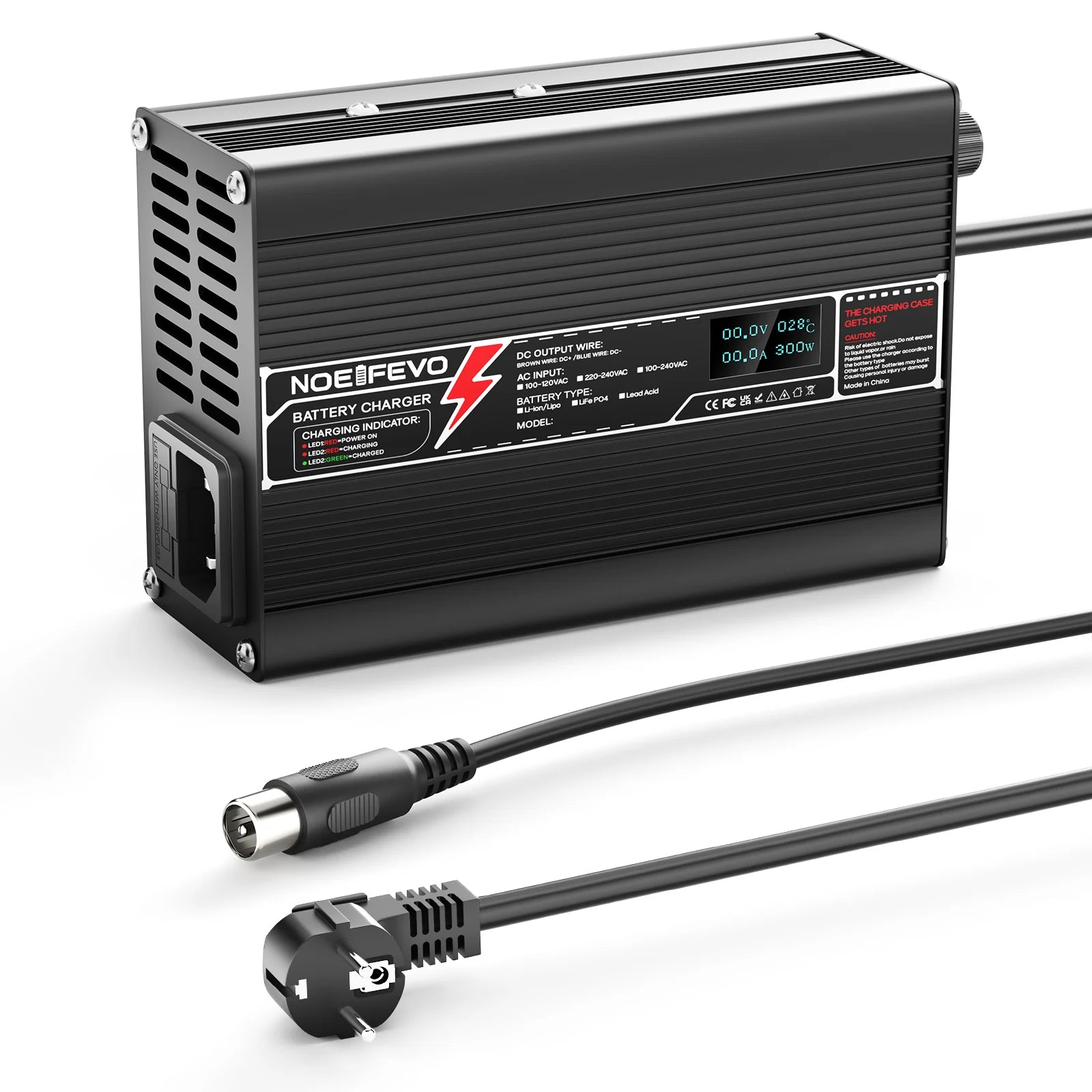 NOEIFEVO 37.8V 2A 3A 3.5A 4A carregador de lítio para baterias Li-Ion Lipo 9S 33.3V, ventilador de resfriamento, desligamento automático (PRETO).