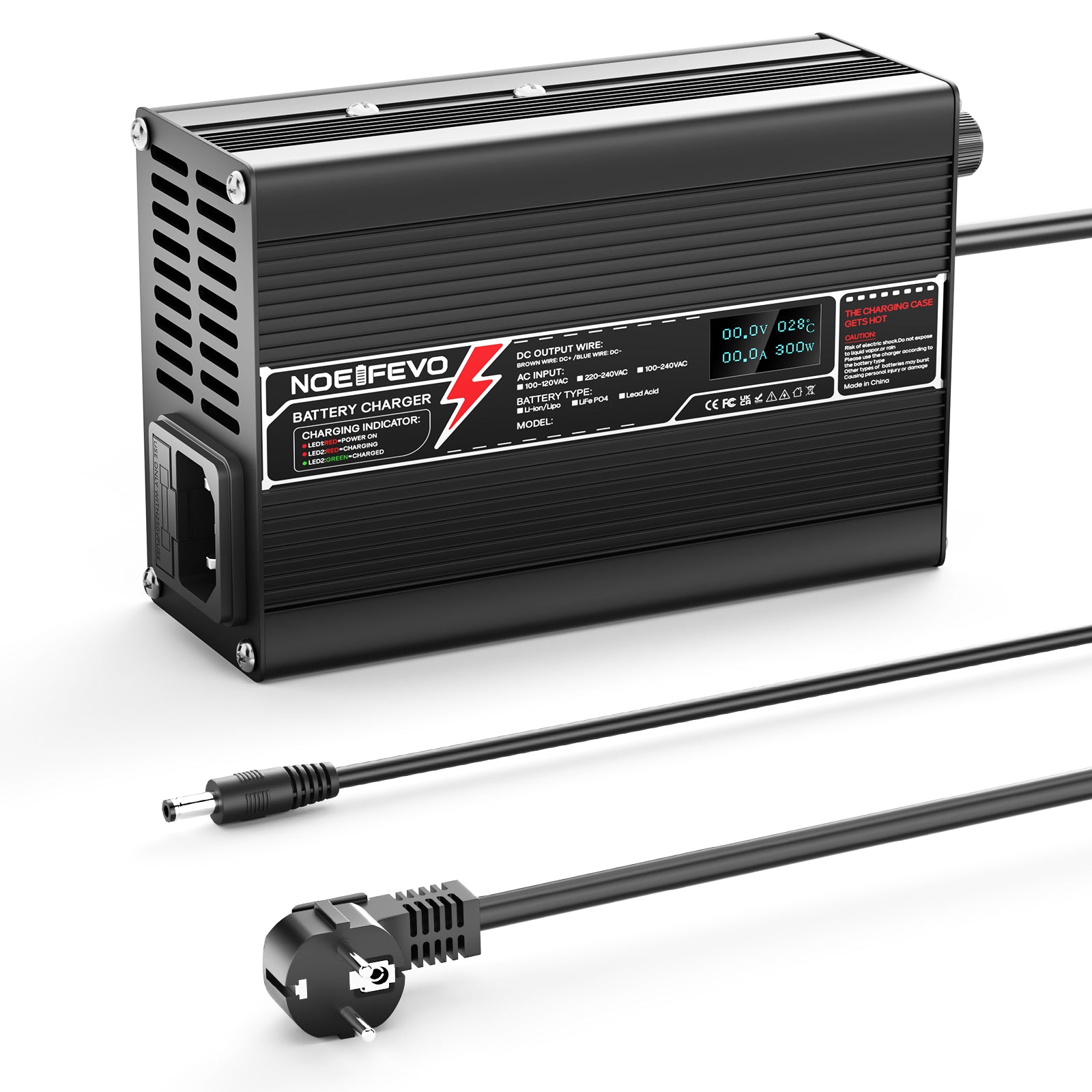 NOEIFEVO 36.5V 2A LiFePO4 Carregador de bateria para bateria 10S 32V LiFePO4, com visor LCD, ventilador de refrigeração, desligar automático