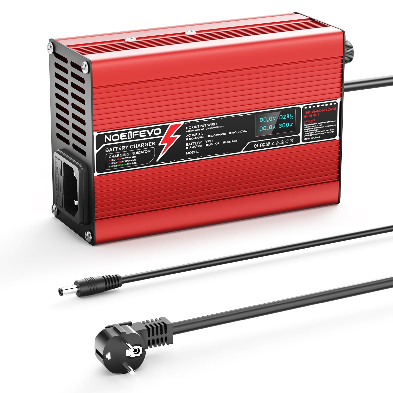 NOEIFEVO 58.8V 3A Lithium-Ladegerät für 14S 51.8V Li-Ion Lipo-Batterien, Kühlventilator, automatischer Abschaltung(RED)