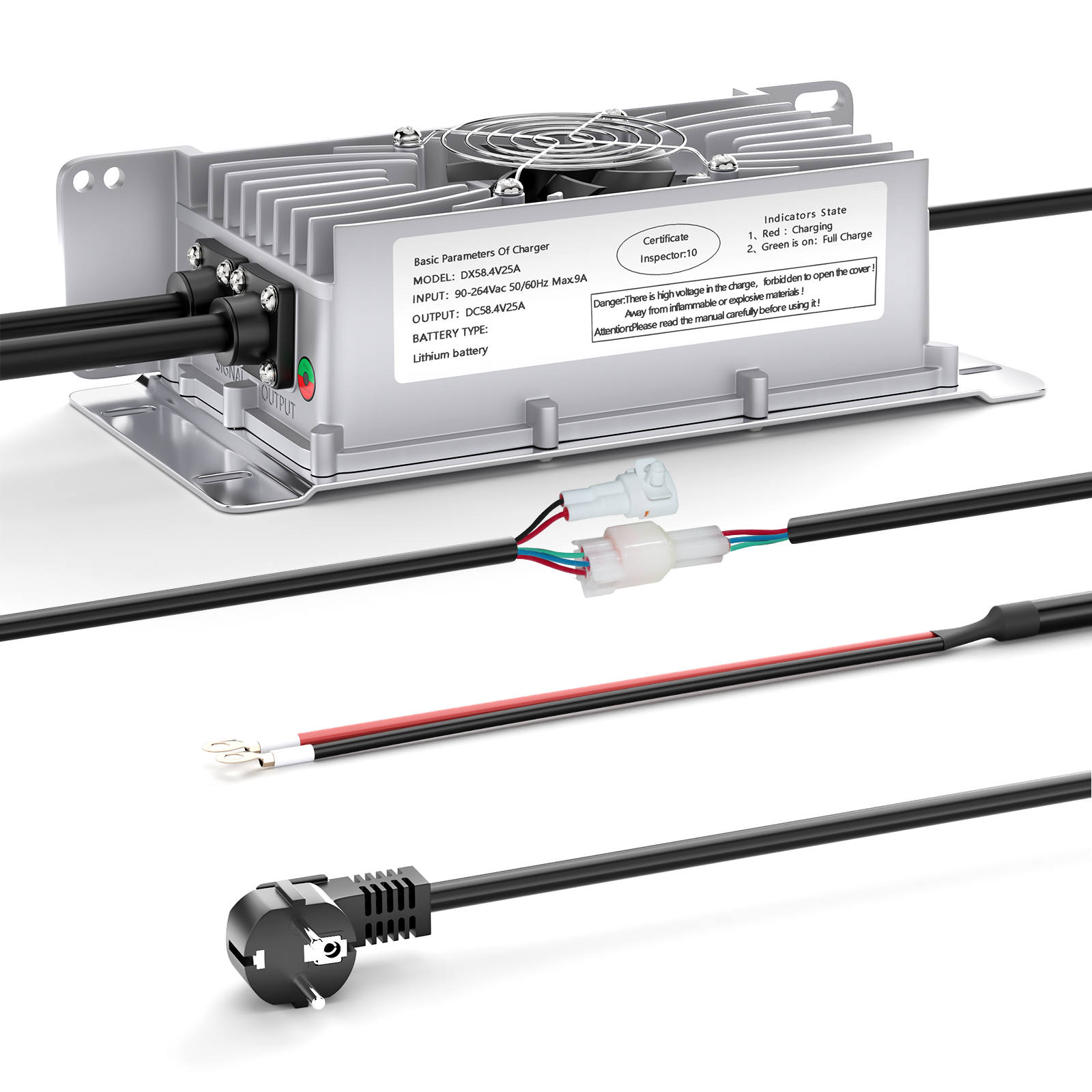 NOEIFEVO 48V 25A Lithium-Lifepo4-Batterieladegerät, 58,4V Ladespannung für 48V (51,2V) 16S-Batterie, wasserdicht, 0 V BMS-Aktivierung, mit Sperrkabel für Elektrofahrzeuge, E-Bikes und Golfwagen