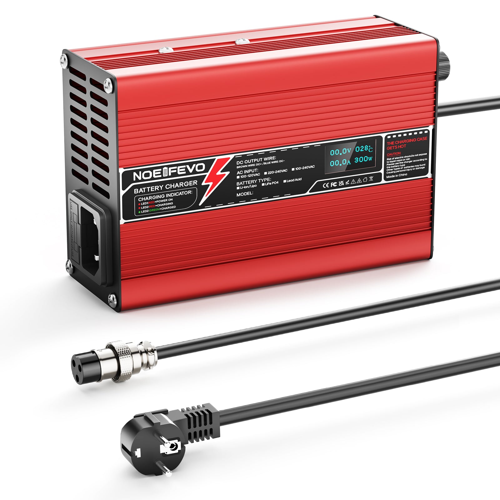 Carregador de Lítio NOEIFEVO 25,2V 5A para Baterias Li-Ion Lipo 6S 22,2V, Ventilador de Resfriamento, Desligamento Automático (VERMELHO)