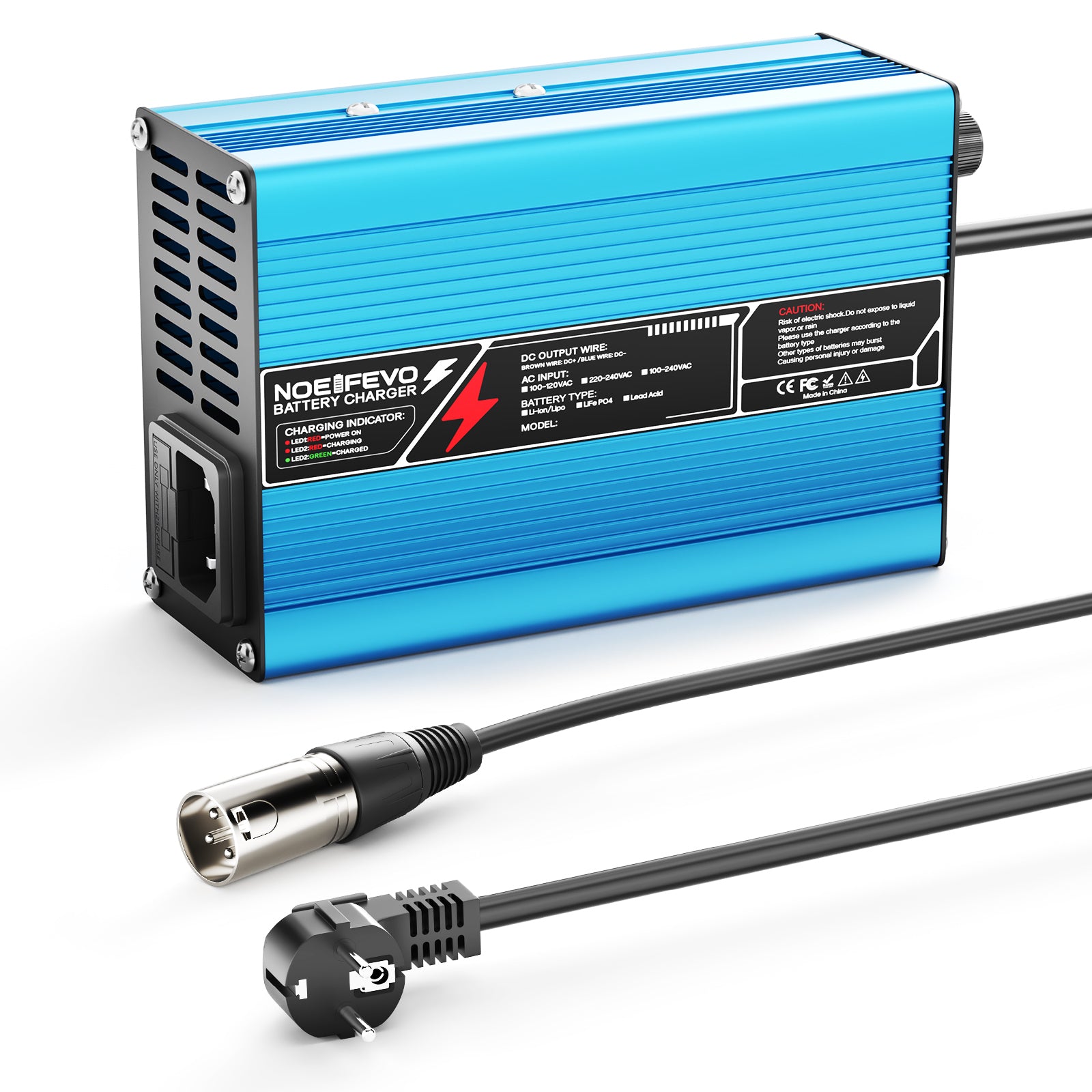 NOEIFEVO 42V 6A Lithium-Batterieladegerät für 37V 10S Batterie, automatische Abschaltung, Aluminiumgehäuse, mit Lüfter