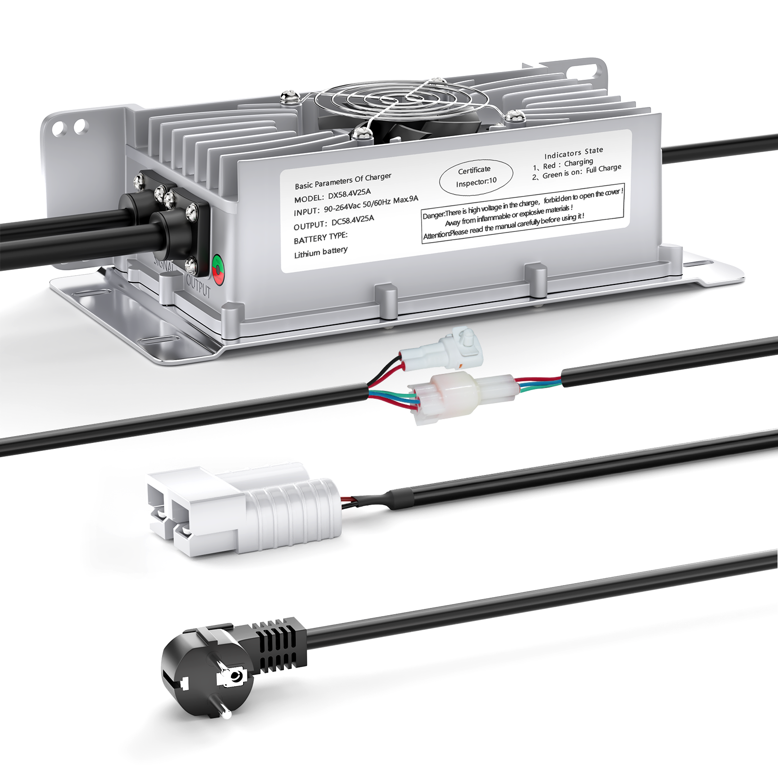 NOEIFEVO 48V 25A Lithium-Lifepo4 Batterioplader, 58,4V opladningsspænding for 48V (51,2V) 16S batteri, vandtæt, 0V BMS-aktivering, med låsekabel til elektriske køretøjer, e-cykler og golfvogne